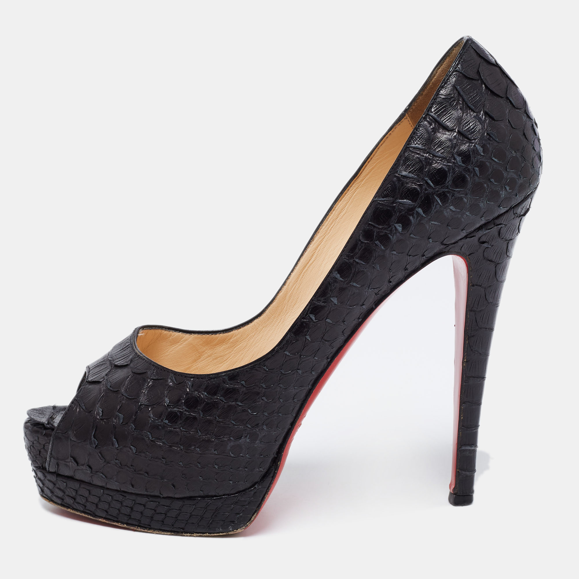 

Christian Louboutin Black Python Altadama Peep-Toe Platform Pumps Size