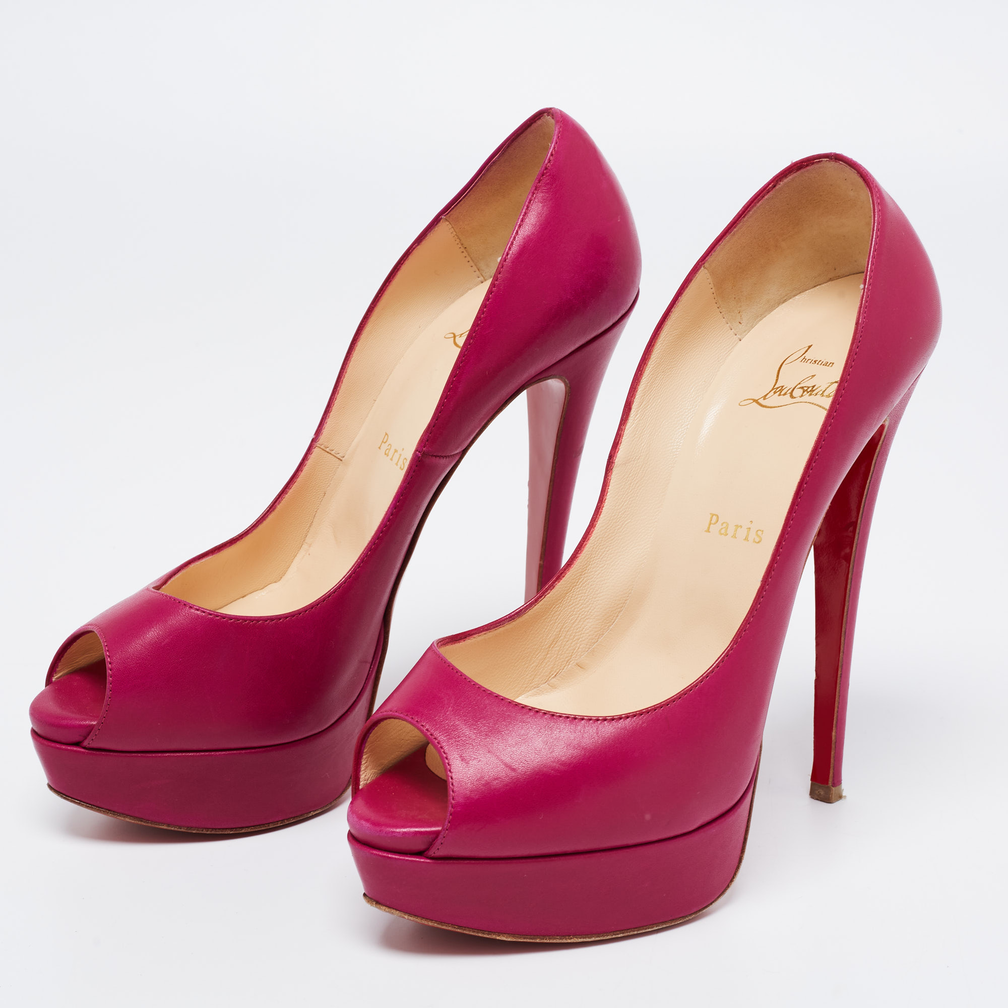 

Christian Louboutin Pink Leather Lady Peep Toe Platform Pumps Size