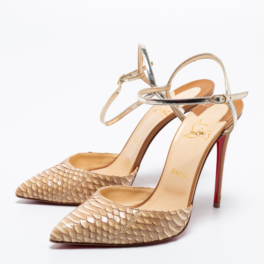 

Christian Louboutin Beige/Silver Python Leather Pointed Toe Ankle Strap Sandals Size