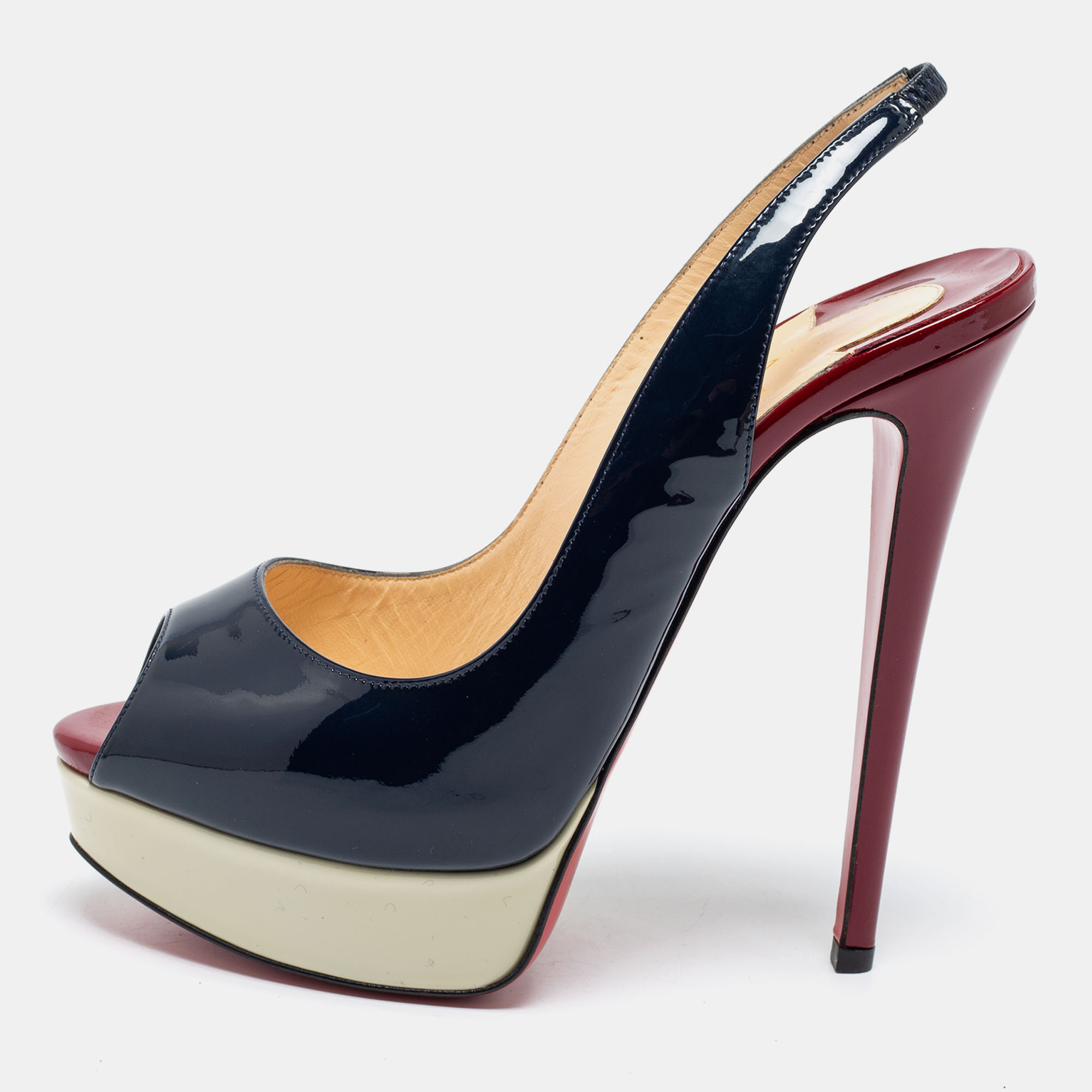

Christian Louboutin Tricolor Patent Leather Lady Peep-Toe Platform Slingback Sandals Size, Navy blue