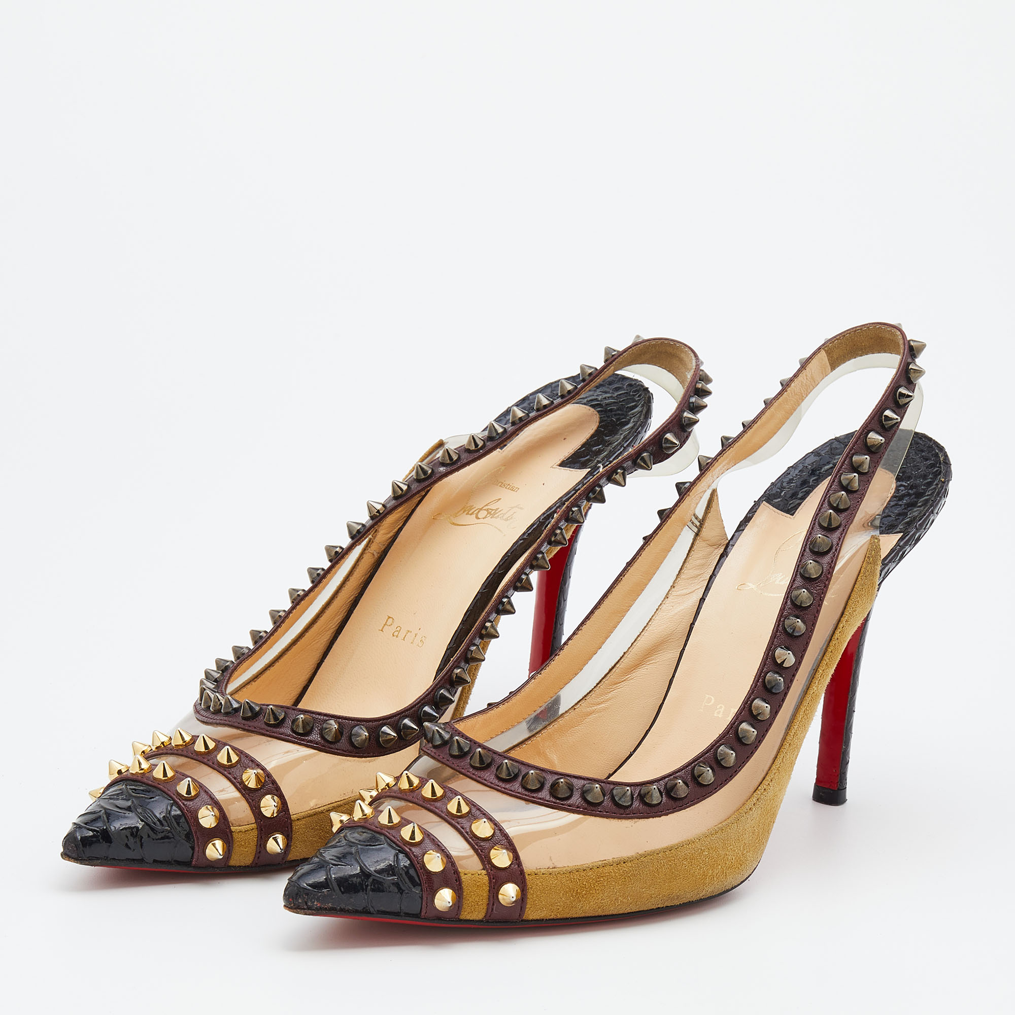 

Christian Louboutin Multicolor Leather And PVC Studded Pointed Toe Slingback Sandals Size