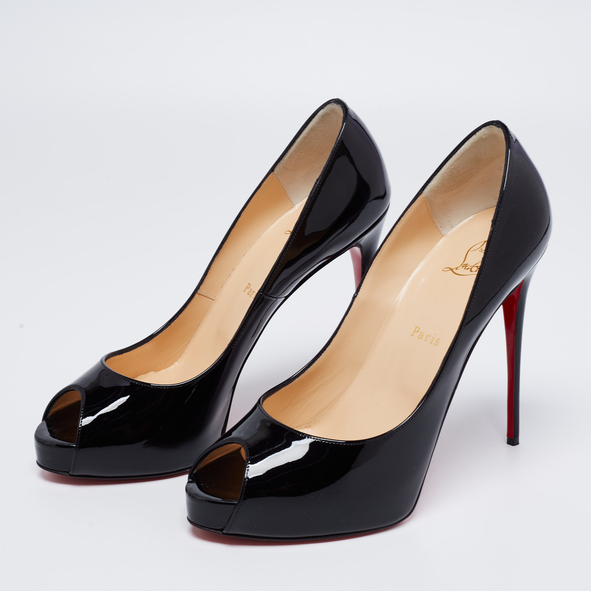 

Christian Louboutin Black Patent Leather Very Prive Peep Toe Platform Pumps Size