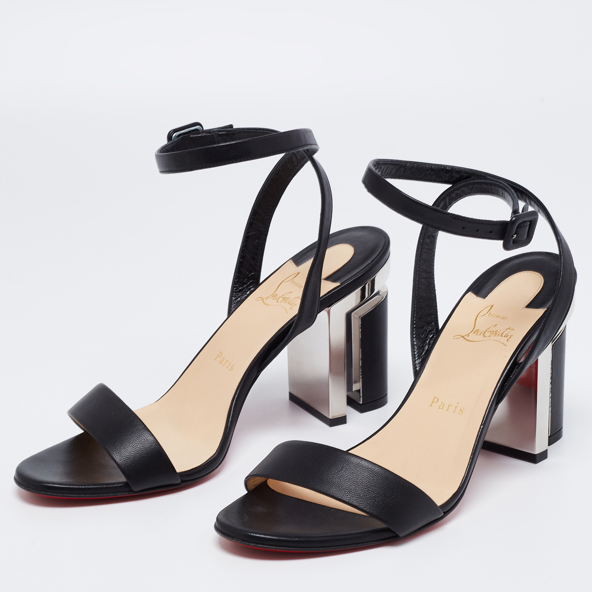 

Christian Louboutin Black Leather Tournikouna Plexi-Heel Ankle Strap Sandals Size