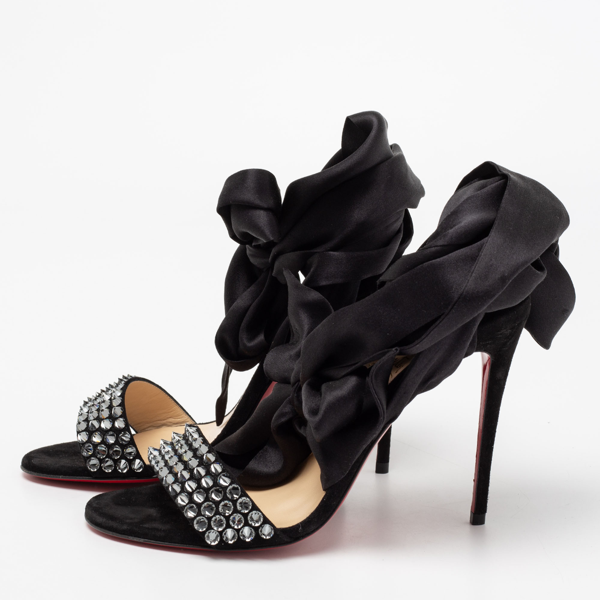 

Christian Louboutin Black Satin And Suede Du Dessert Crystals Ankle Wrap Sandals Size