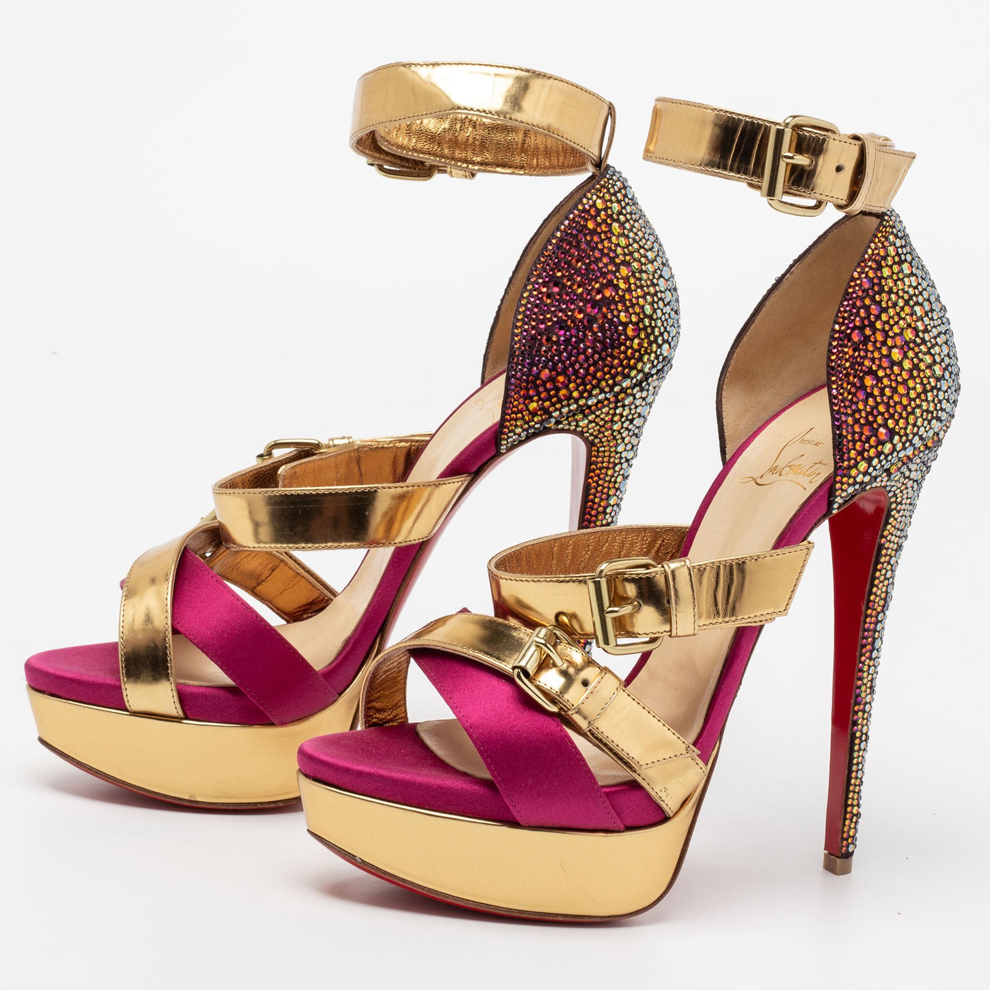 

Christian Louboutin Gold/Pink Satin and Leather Ambertina Platform Sandals Size