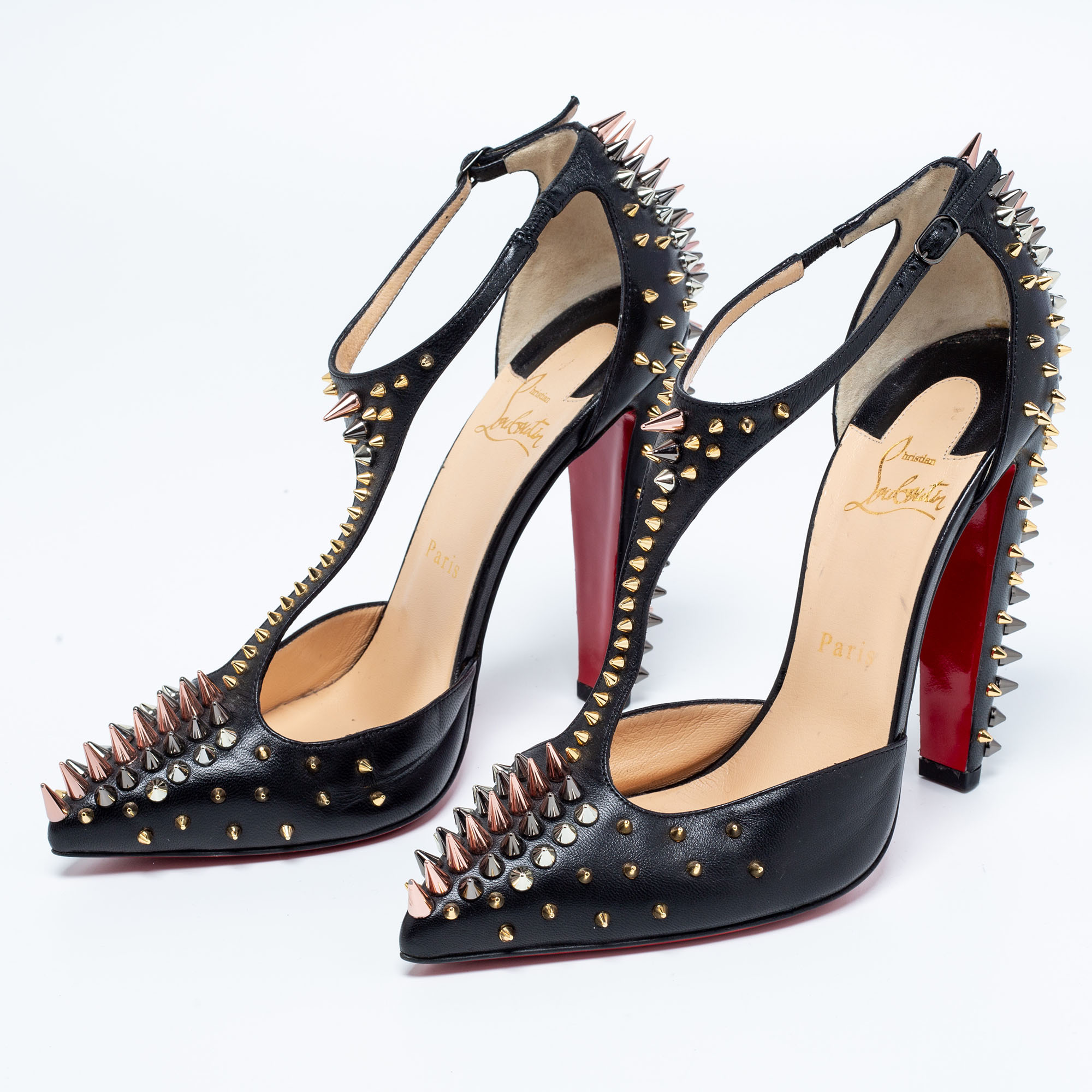 

Christian Louboutin Black Leather Goldostrap Spiked Pumps Size