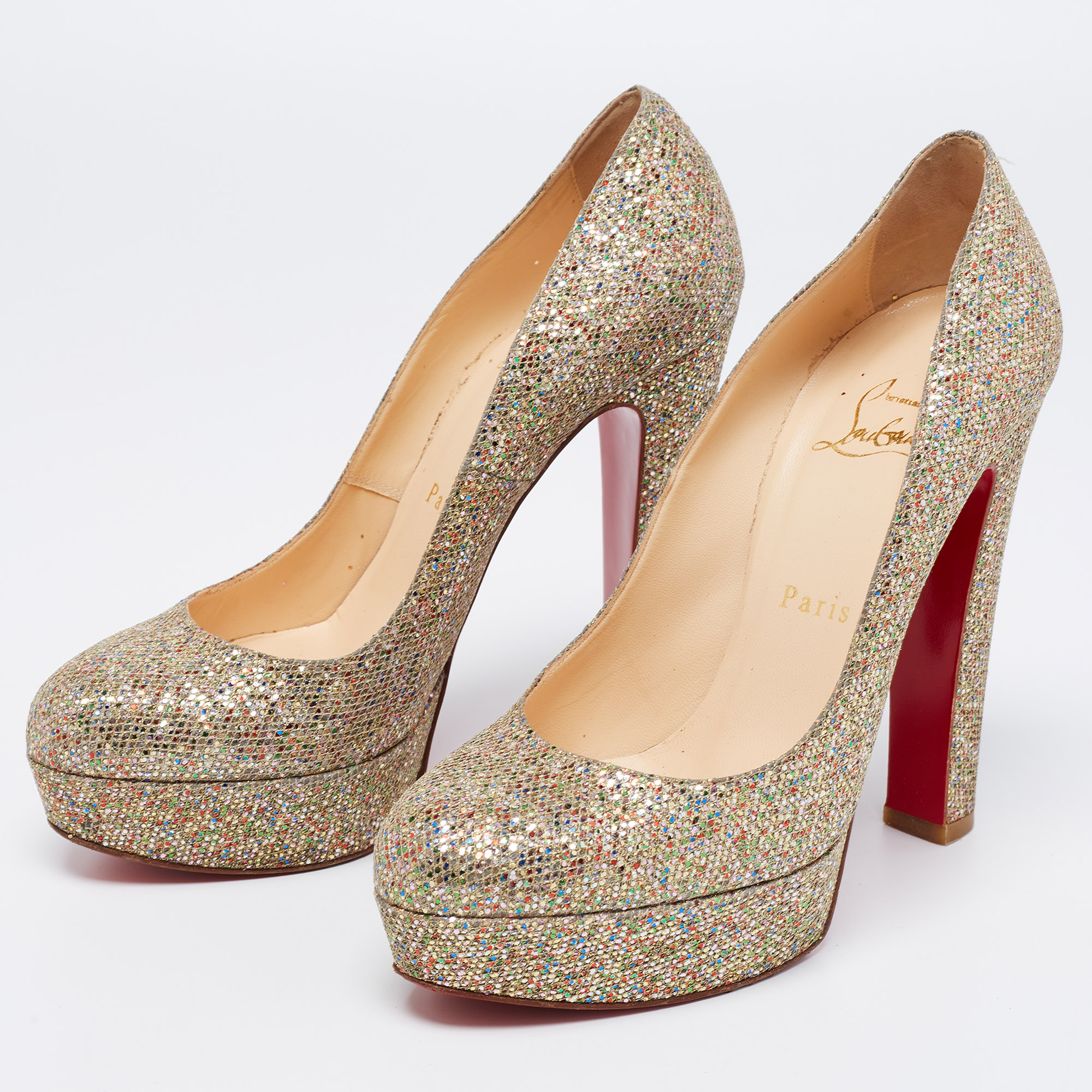 

Christian Louboutin Multicolor Coarse Glitter Bibi Platform Pumps Size