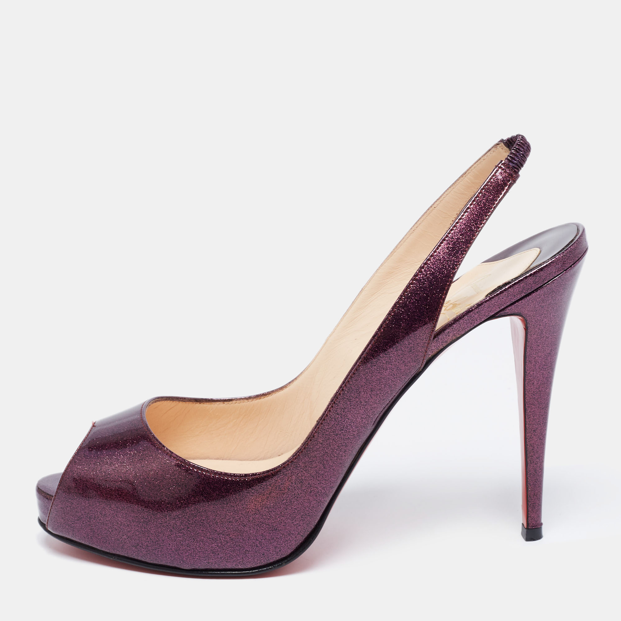 

Christian Louboutin Purple Glitter Patent Leather No Prive Peep-Toe Slingback Sandals Size
