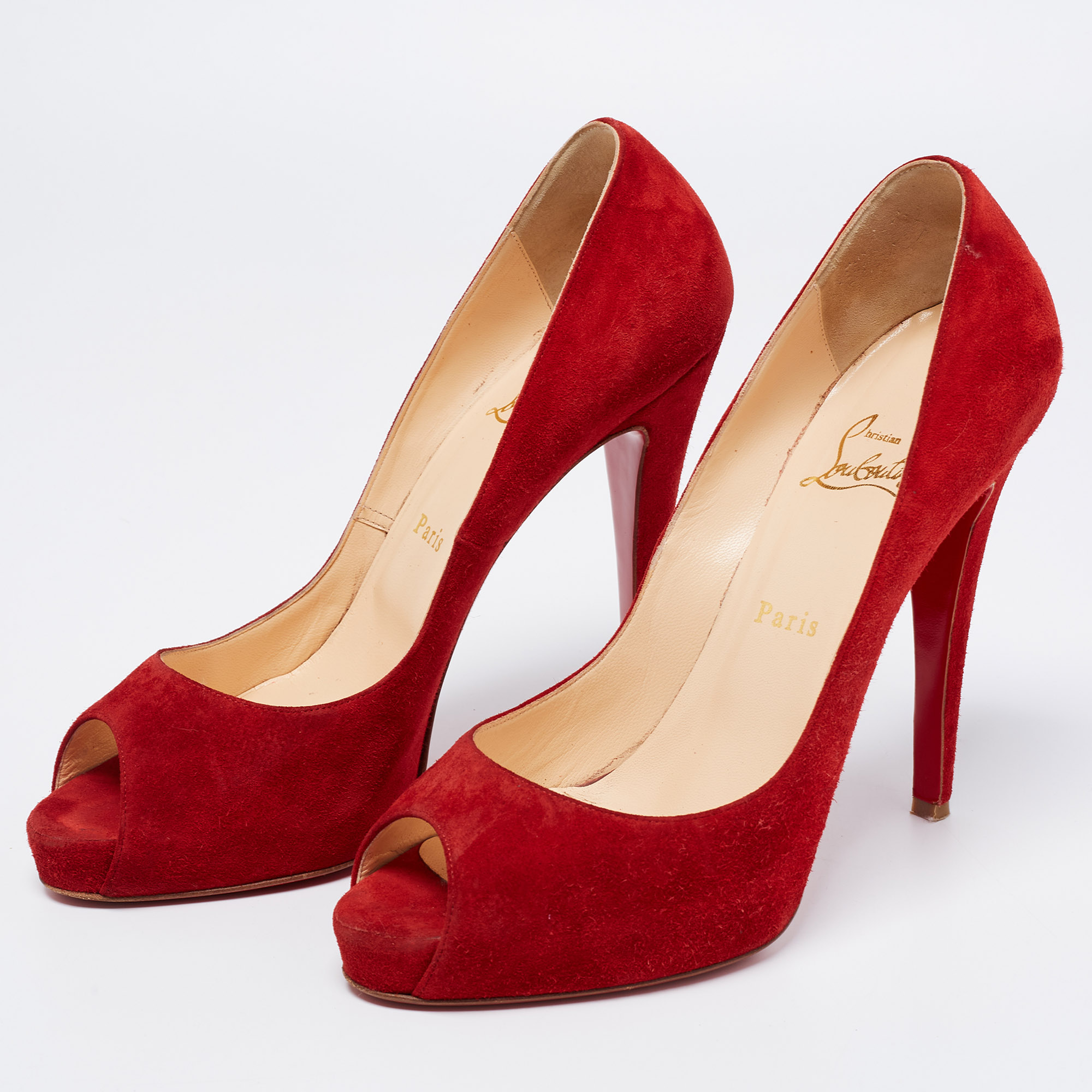

Christian Louboutin Red Suede New Very Prive Peep Toe Platform Pumps Size