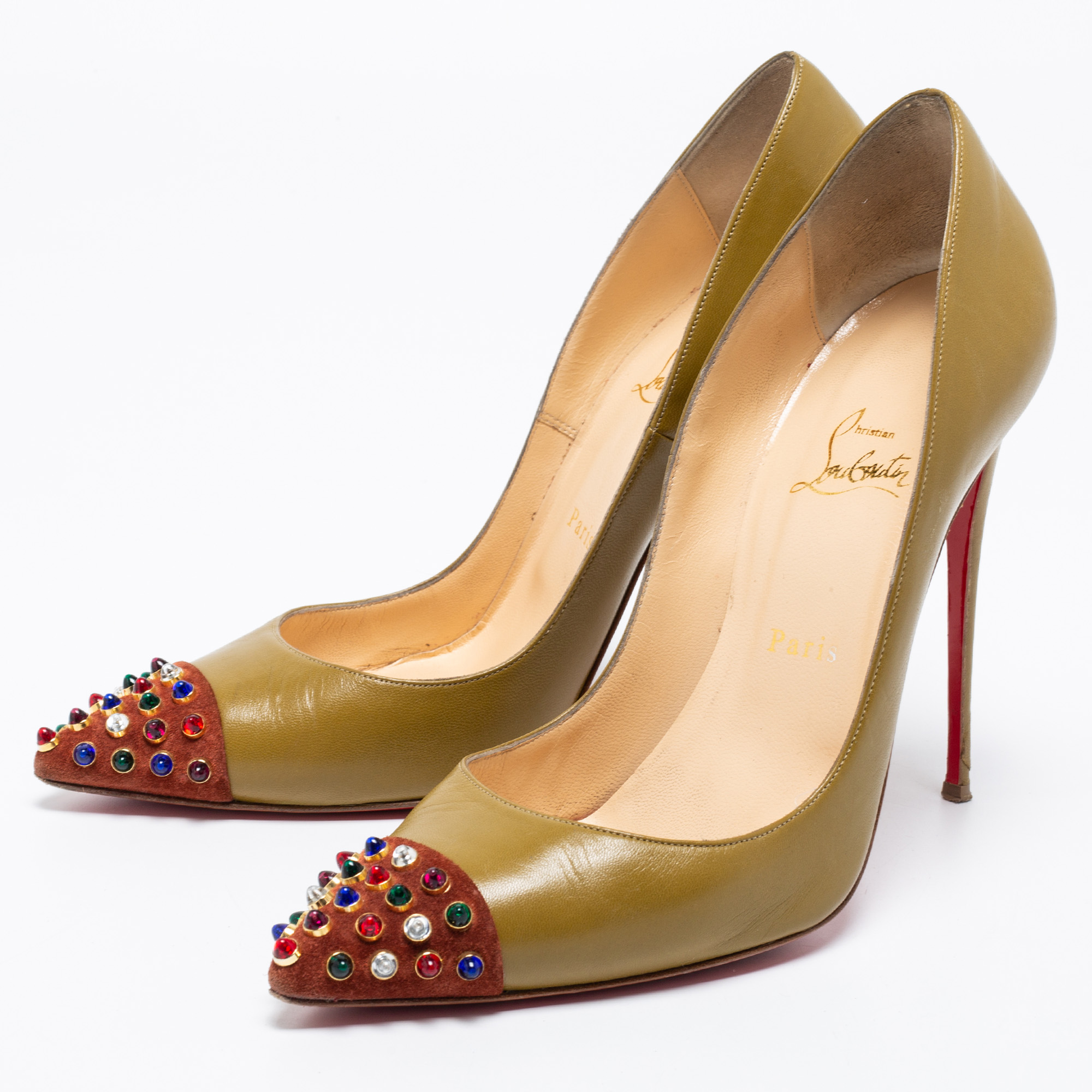 

Christian Louboutin Olive Green/Brown Leather And Suede Cabo Embellished Pumps Size