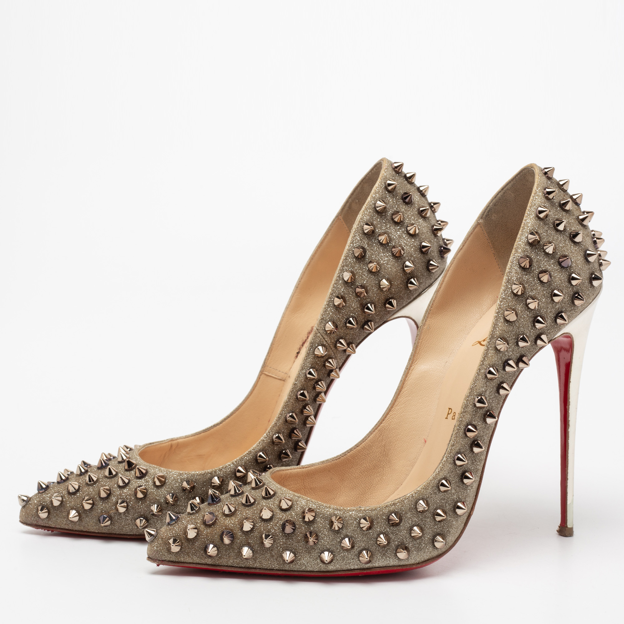 

Christian Louboutin Gold Glitter Follies Spikes Pumps Size