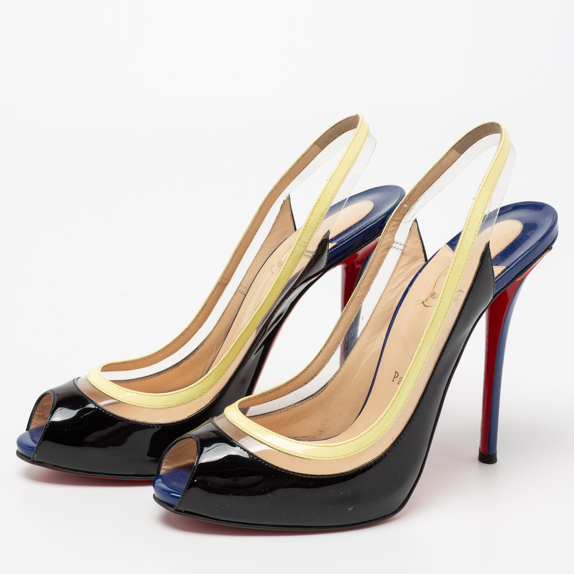 

Christian Louboutin Multicolor Patent Leather And PVC Paulina Peep Toe Slingback Sandals Size