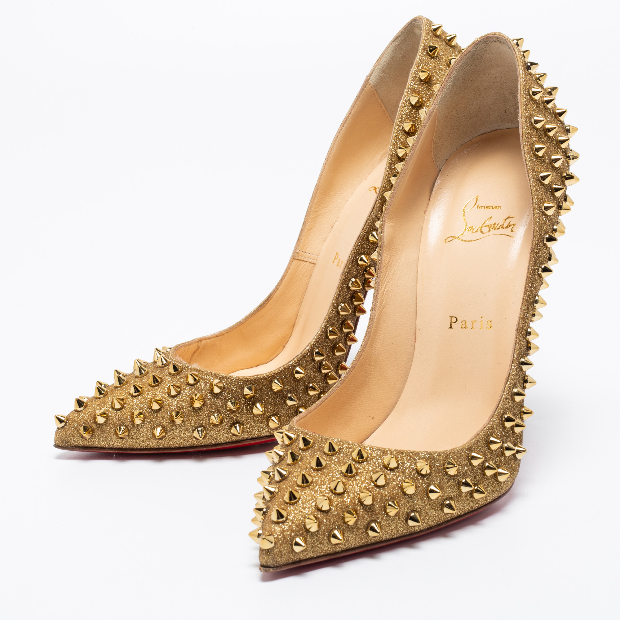 

Christian Louboutin Gold Glitter Pigalle Follies Spikes Pumps Size