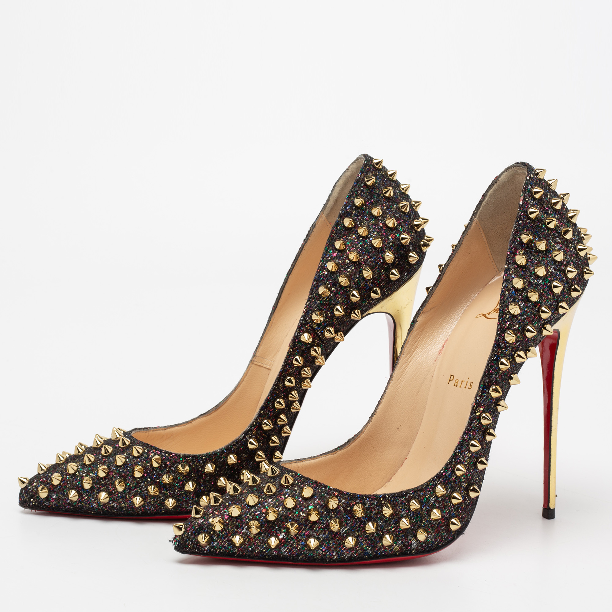 

Christian Louboutin Black Glitter Fabric Follies Spikes Pumps Size