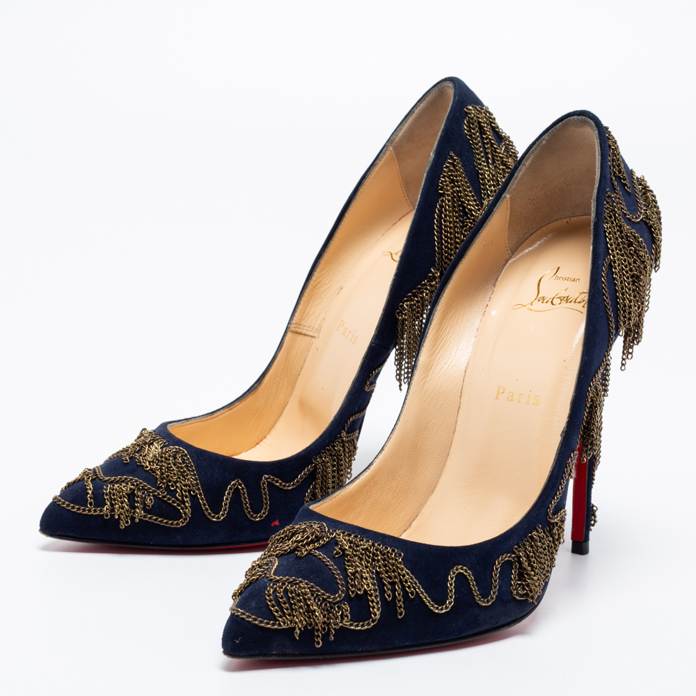 

Christian Louboutin Blue Suede Doly Party Chain Embellished Pointed Toe Pumps Size