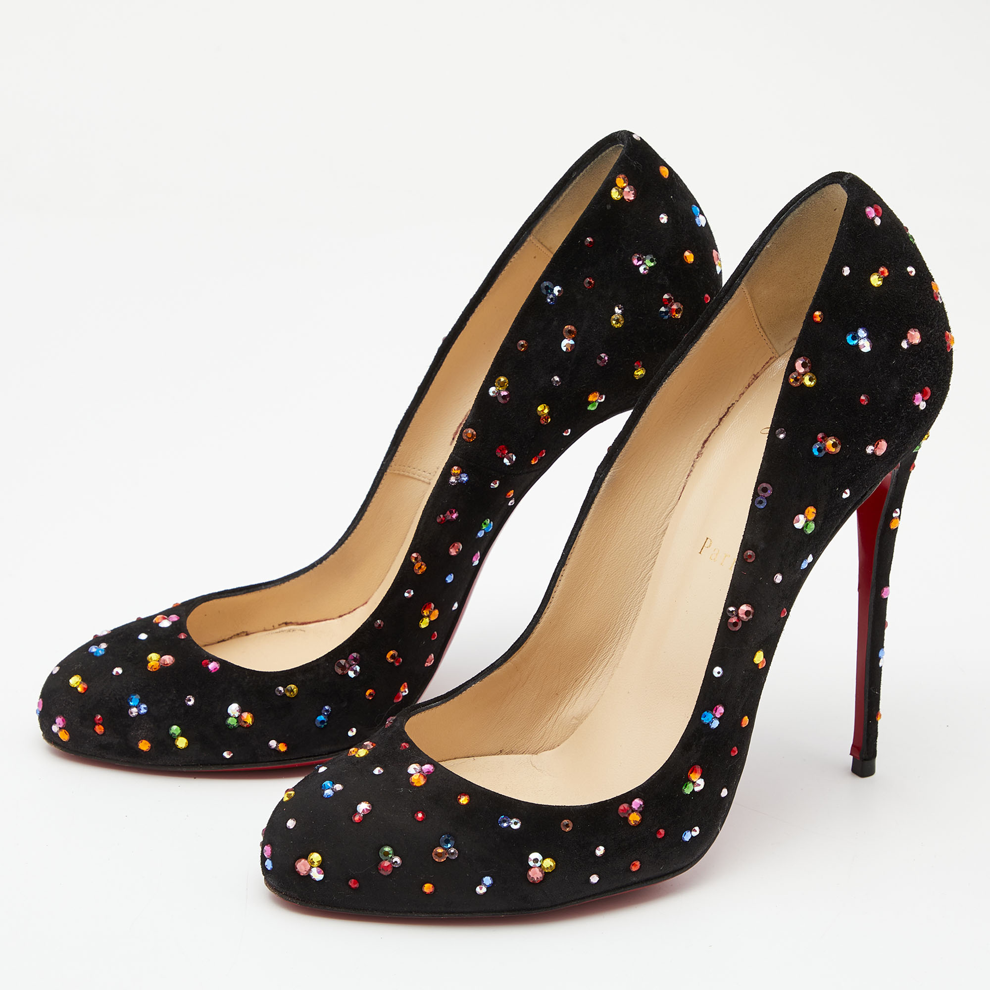 

Christian Louboutin Black Suede Strass Embellished Dorissima Clair de Lune Pumps Size