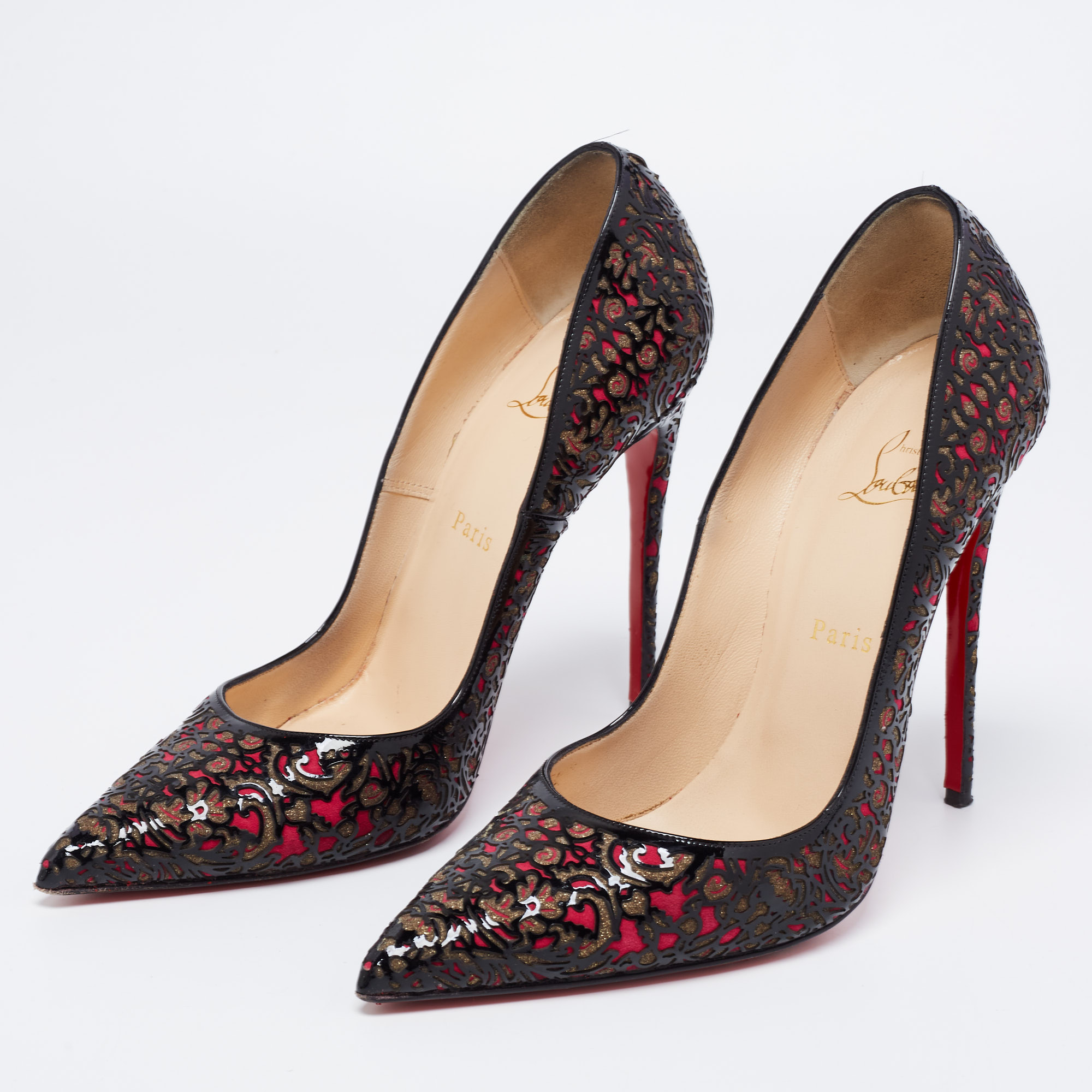 

Christian Louboutin Tricolor Laser Cut Patent Leather And Suede So Pretty Pumps Size, Black