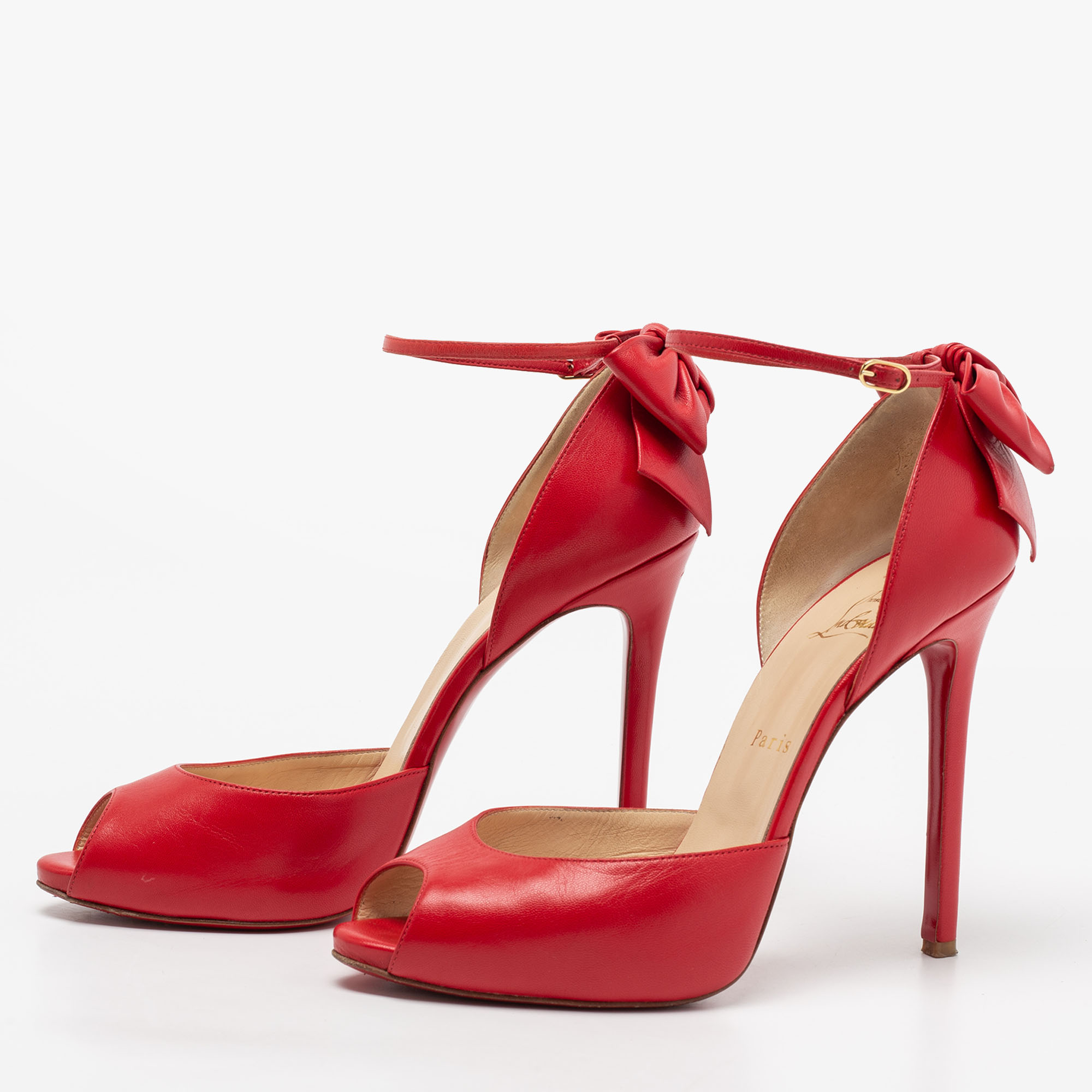 

Christian Louboutin Red Leather Dos Noeud D'orsay Ankle Strap Pumps Size