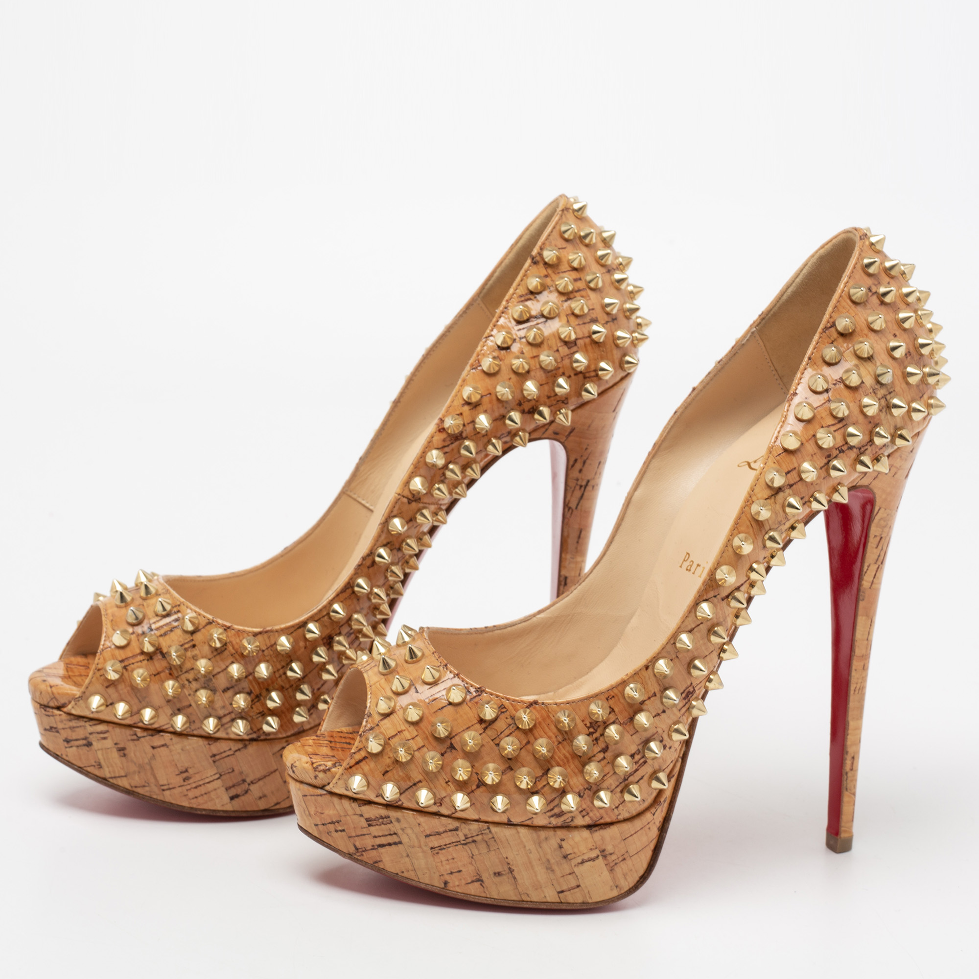 

Christian Louboutin Beige Cork Lady Peep Toe Spike Platform Pumps Size