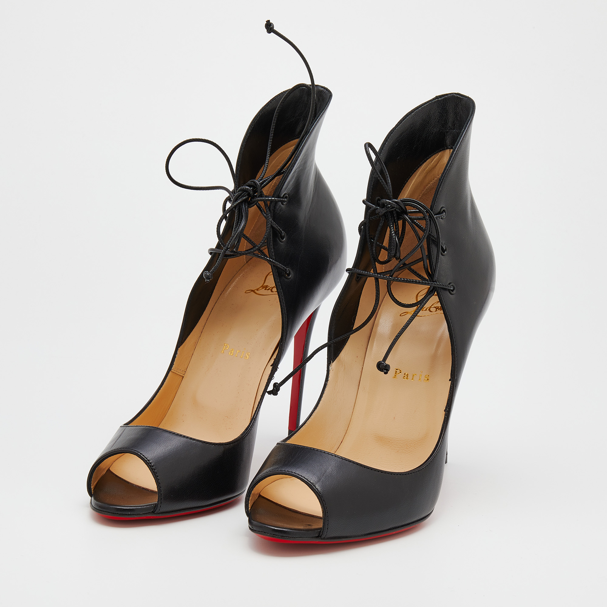 

Christian Louboutin Black Leather Mega Vamp Peep Toe Pumps Size