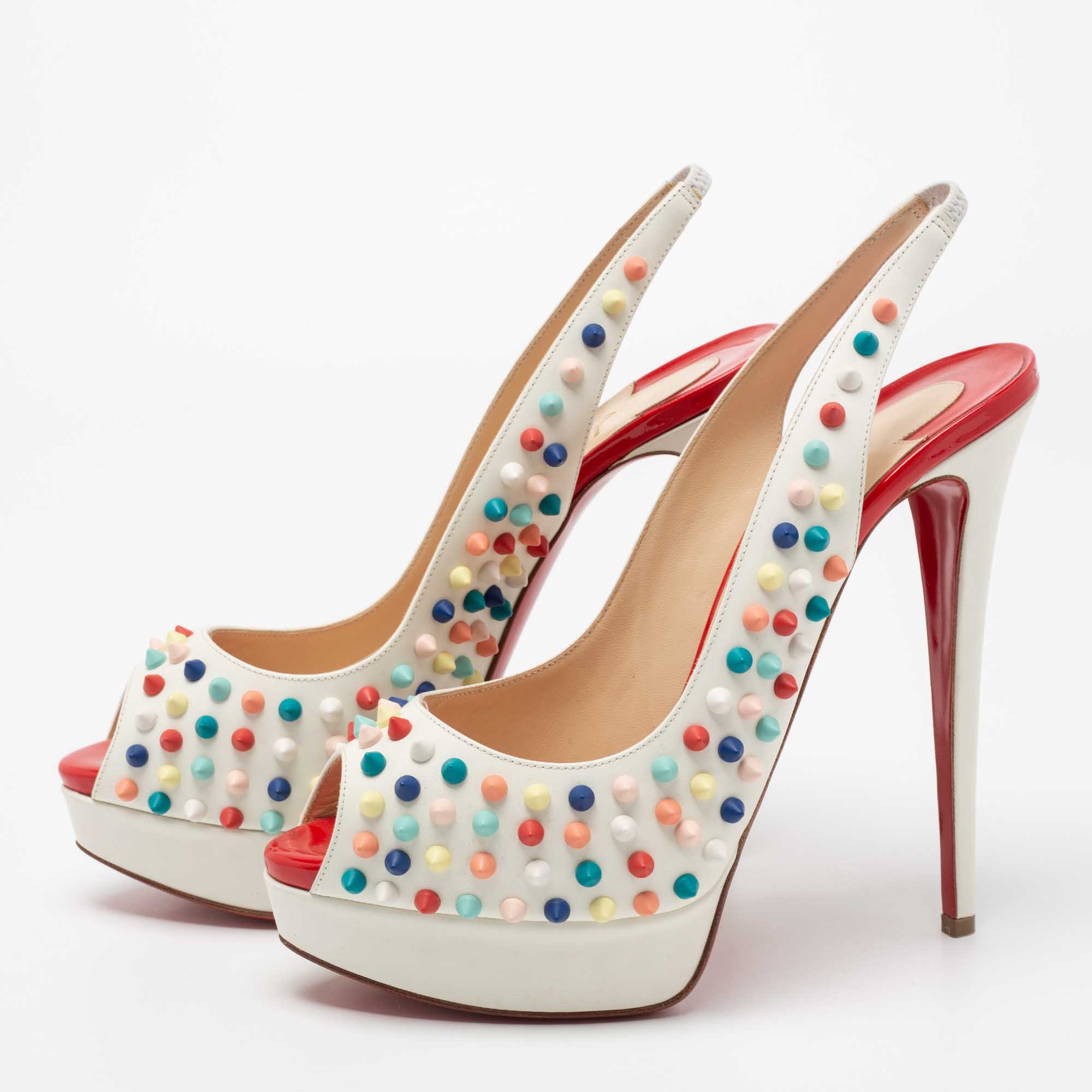 

Christian Louboutin White Leather Lady Peep Spikes Slingback Sandals Size