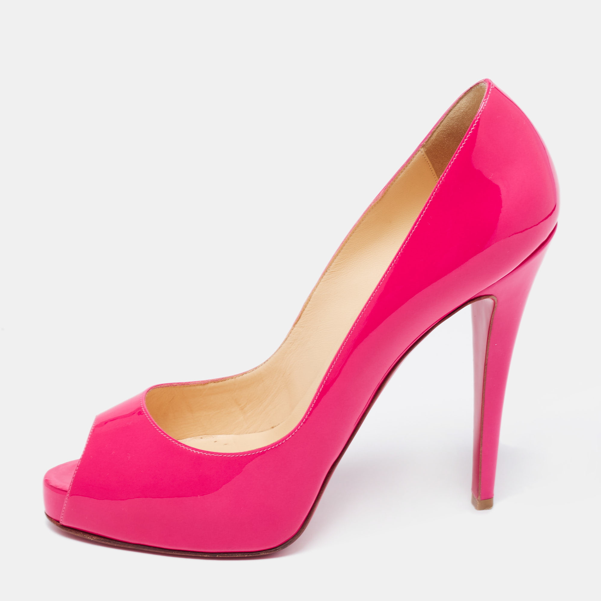 

Christian Louboutin Pink Patent Leather New Very Prive Peep Toe Platform Pumps Size