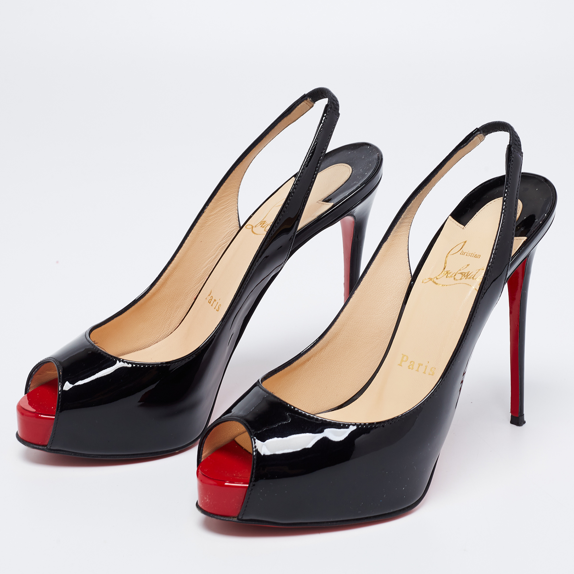 

Christian Louboutin Black Patent Leather Private Number Slingback Sandals Size