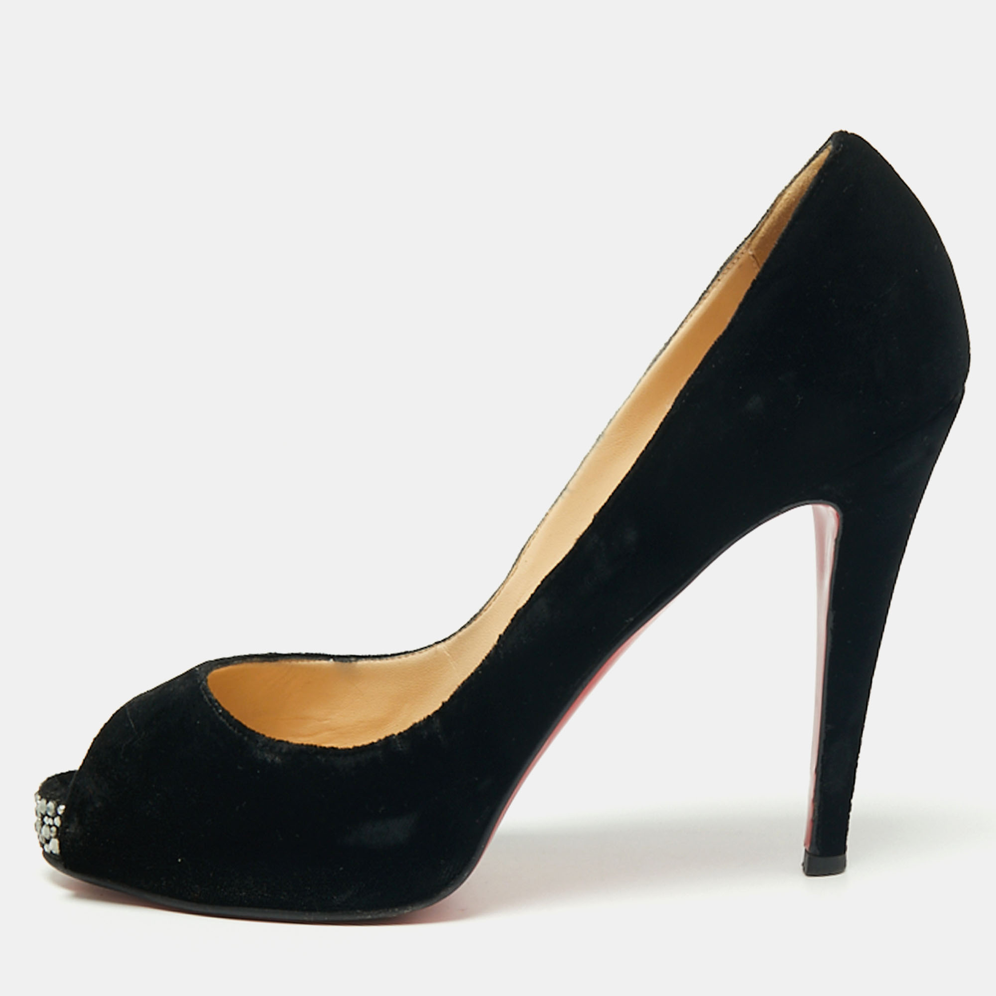 

Christian Louboutin Black Velvet Very Prive Crystal Peep-Toe Pumps Size