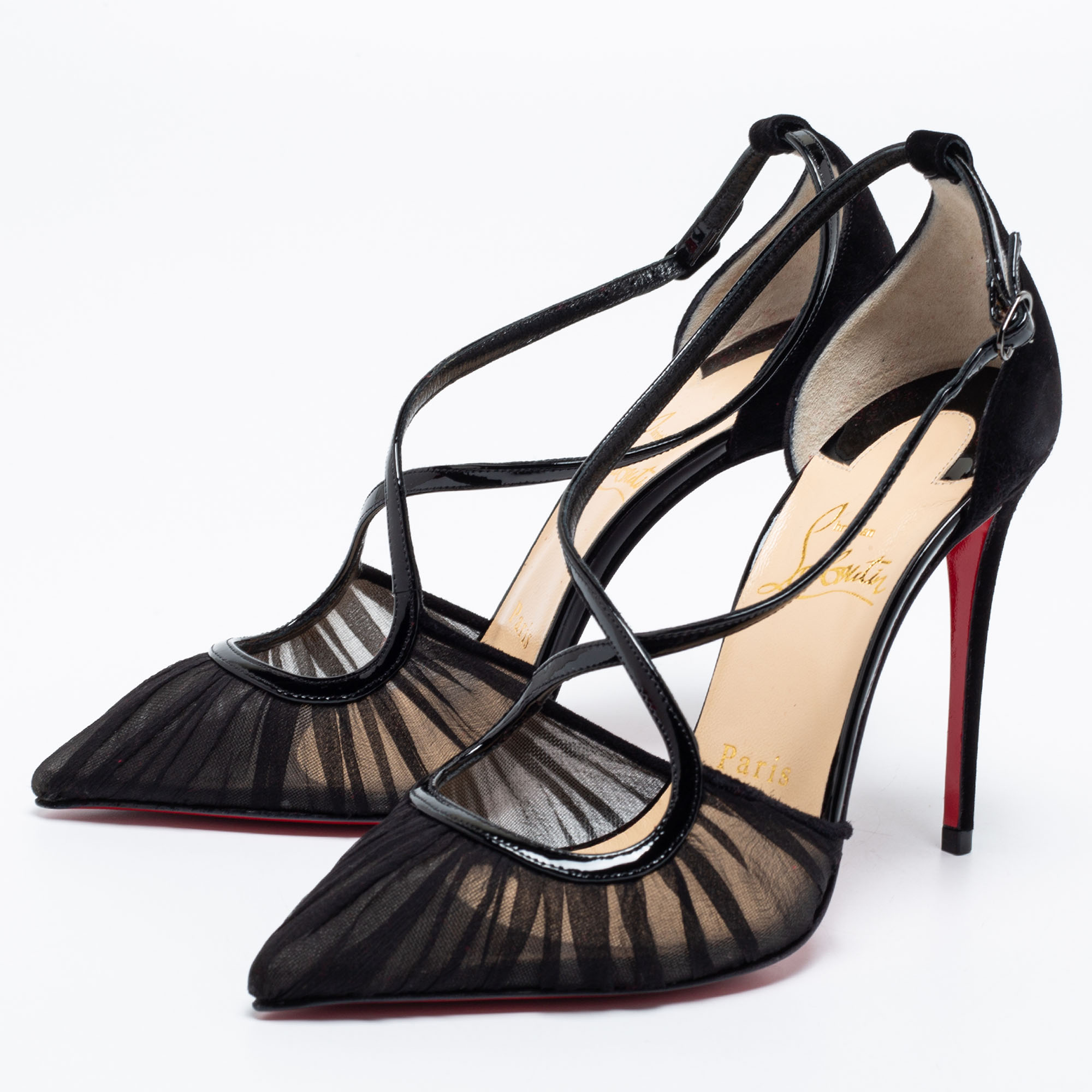 

Christian Louboutin Black Fabric And Patent Leather Twistissima Pointed Toe Ankle Strap Sandals Size