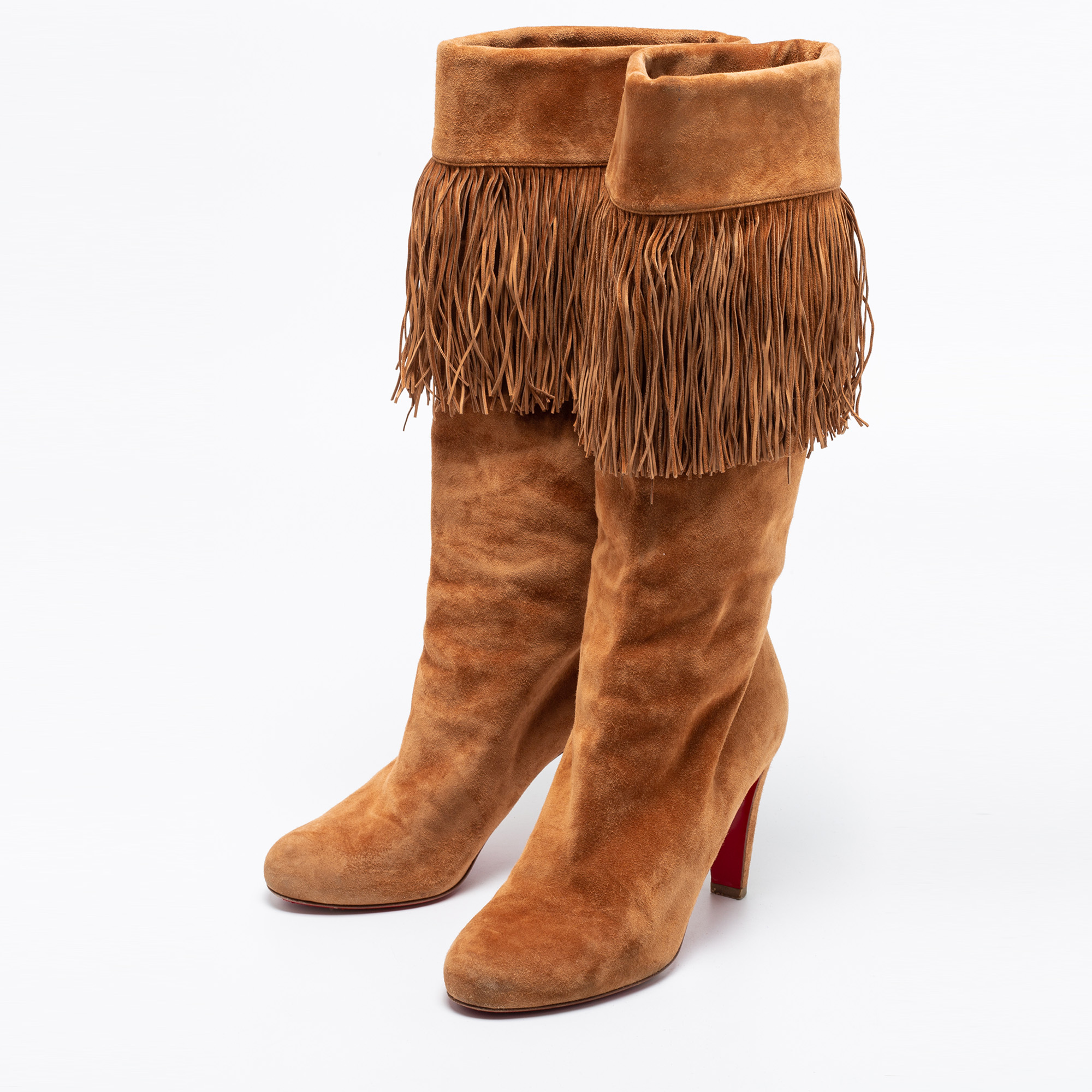 

Christian Louboutin Brown Suede Fringe Mid Calf Boots Size