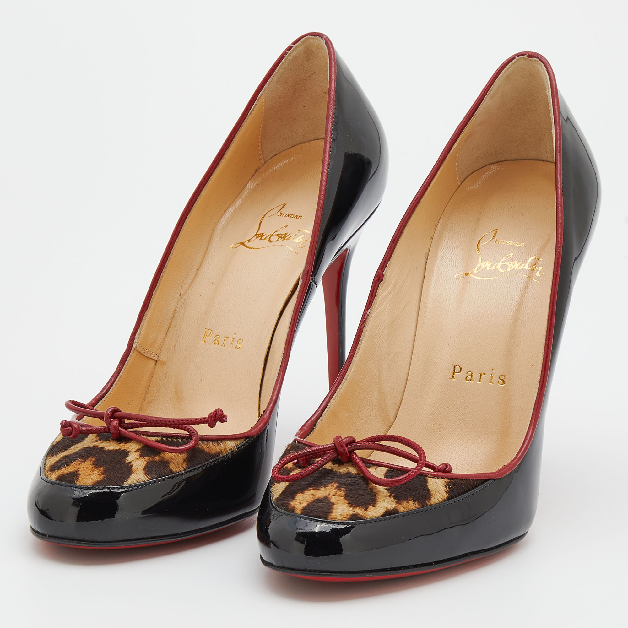 

Christian Louboutin Black/Brown Patent Leather And Leopard Print Calf Hair Bow Pumps Size