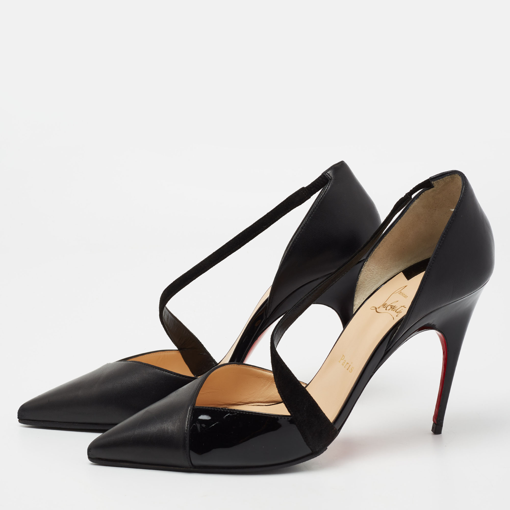 

Christian Louboutin Black Suede, Patent and Leather Platina Pumps Size