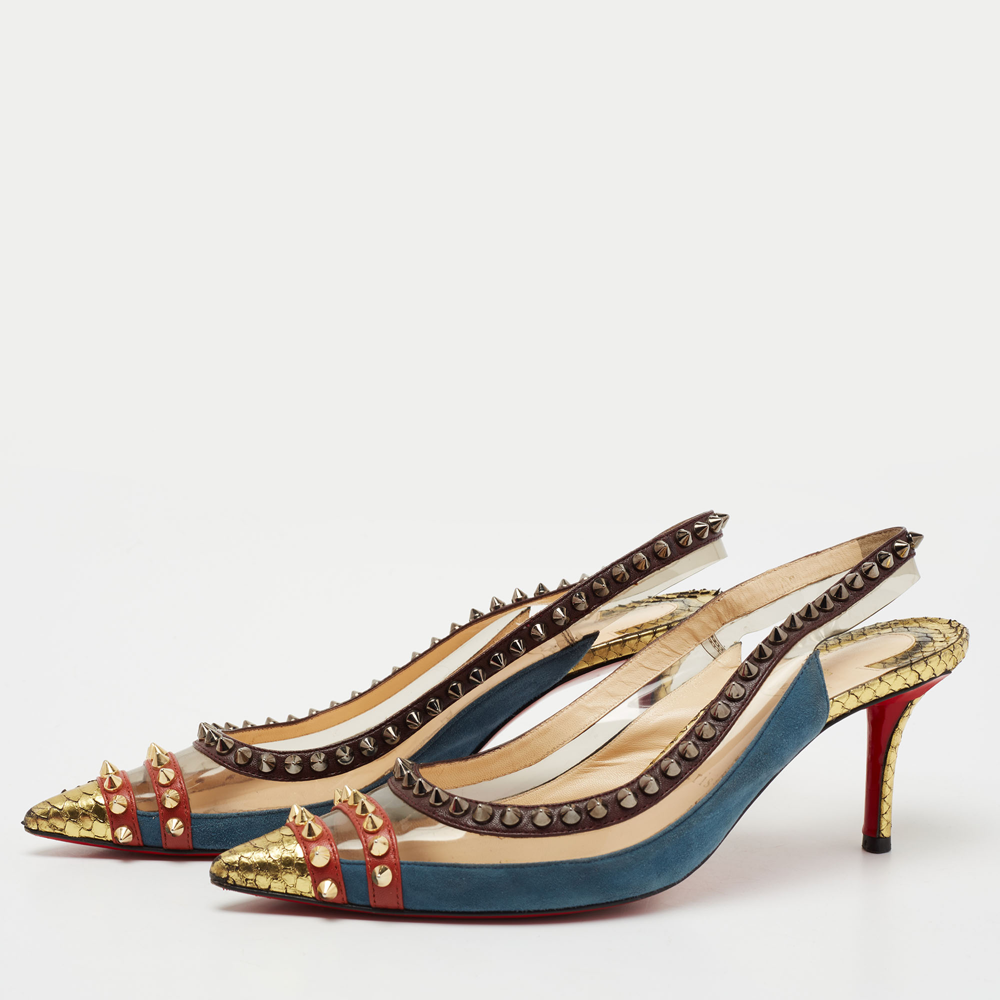 

Christian Louboutin Multicolor Suede And PVC Manovra Slingback Pumps Size