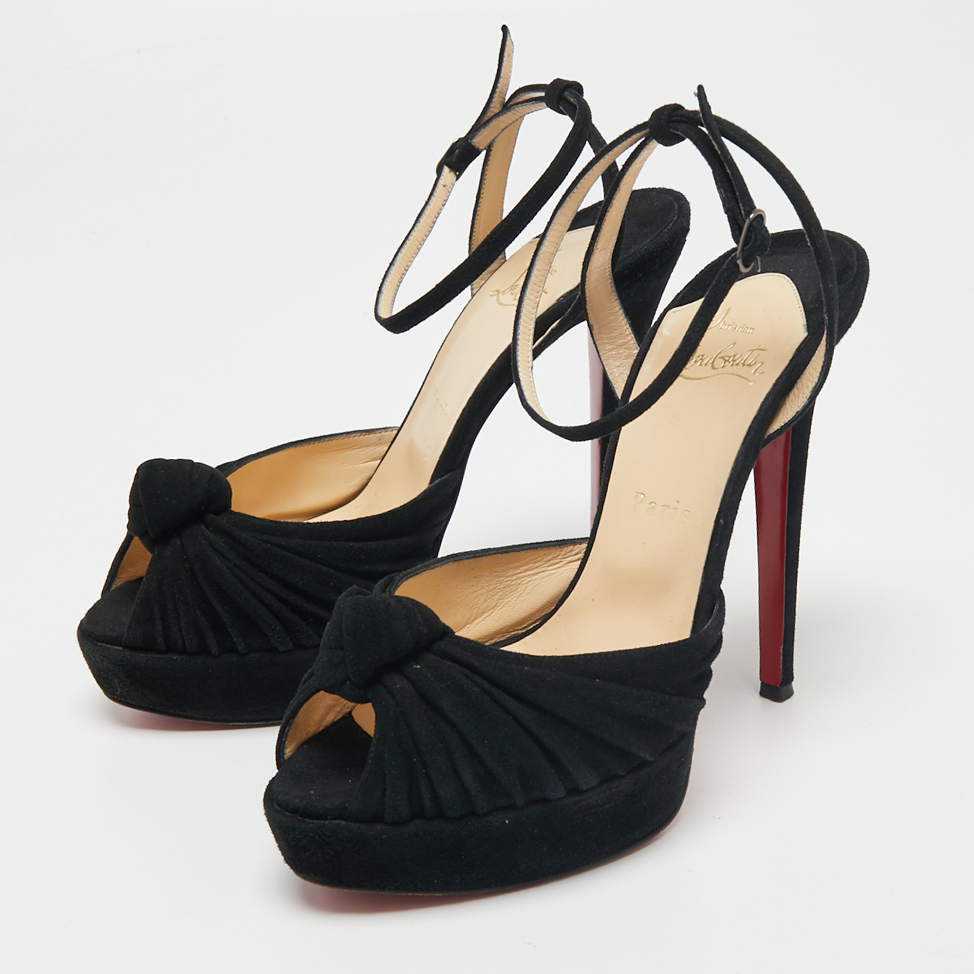 

Christian Louboutin Black Suede Knotted Greissimo Platform Ankle Strap Sandals Size