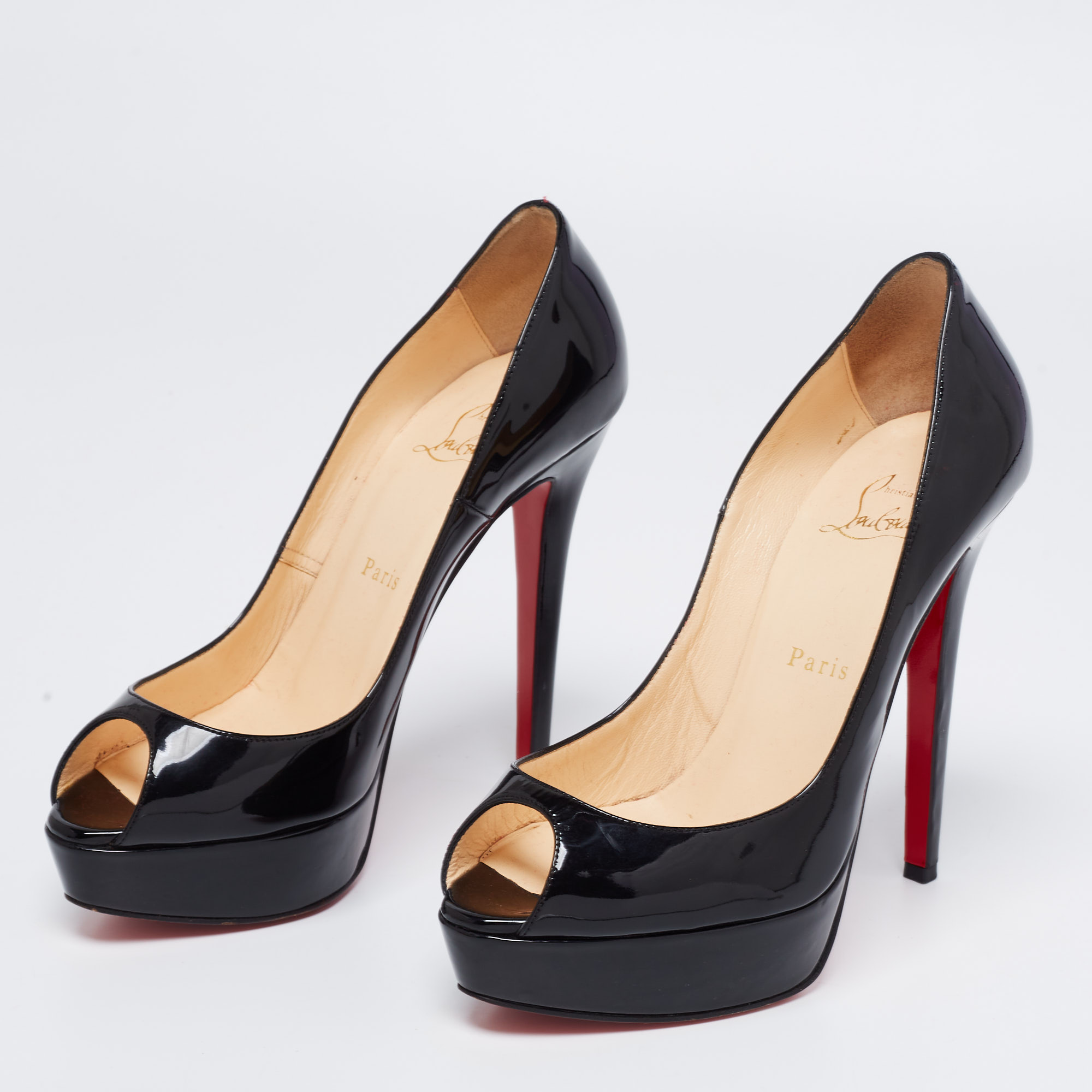 

Christian Louboutin Black Patent Leather Lady Peep Platform Pumps Size