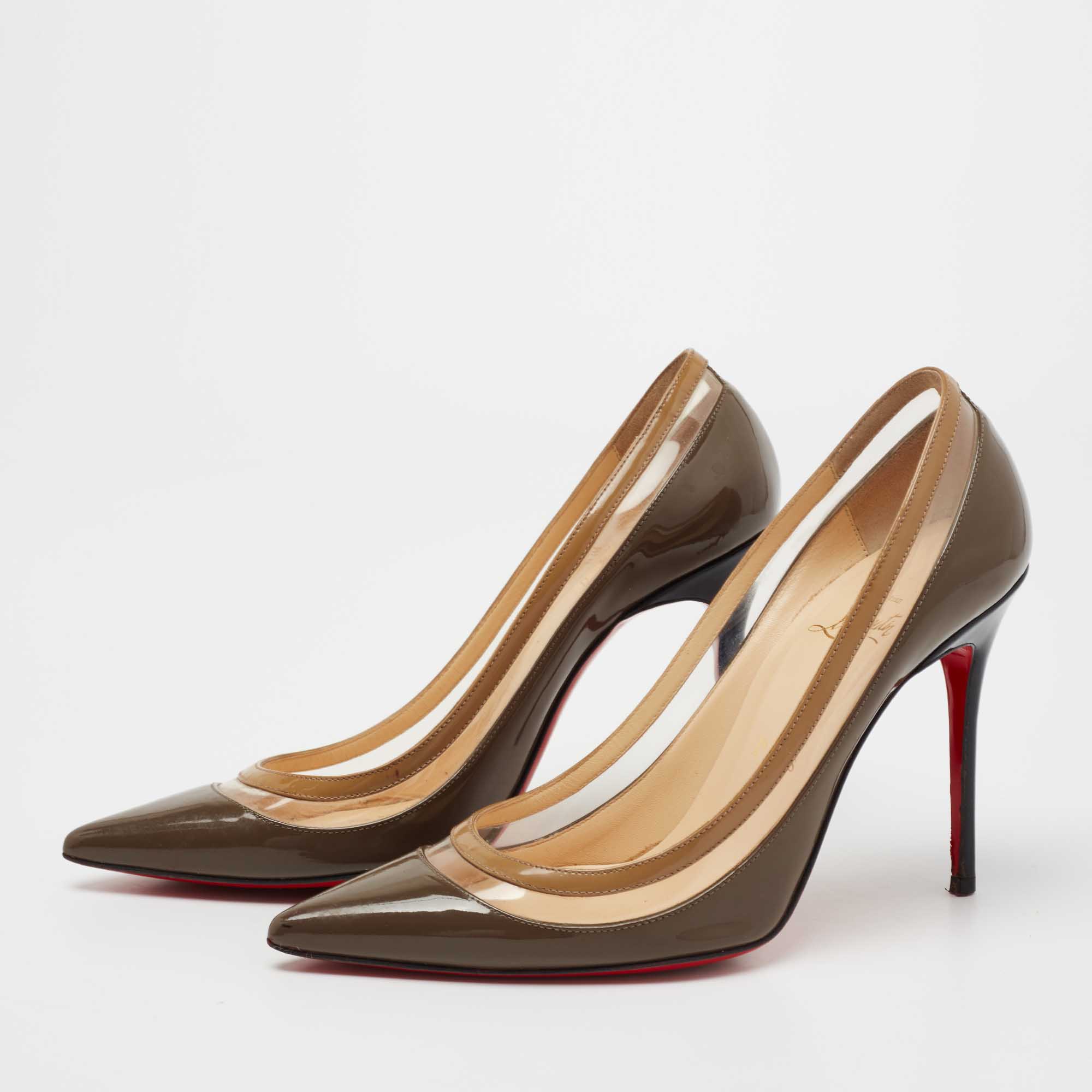 

Christian Louboutin Two-Tone Patent Leather and PVC Paulina Pumps Size, Brown