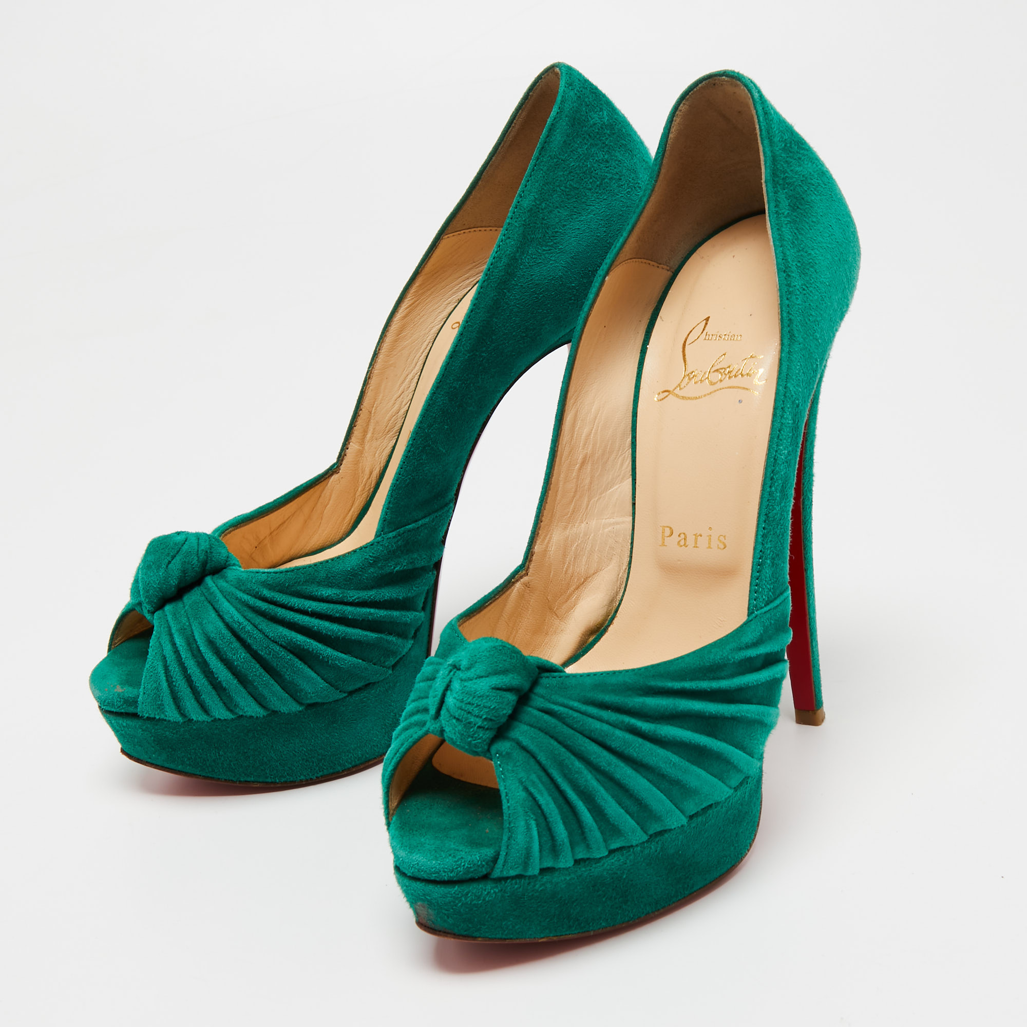 

Christian Louboutin Green Pleated Suede Jenny Platform Pumps Size