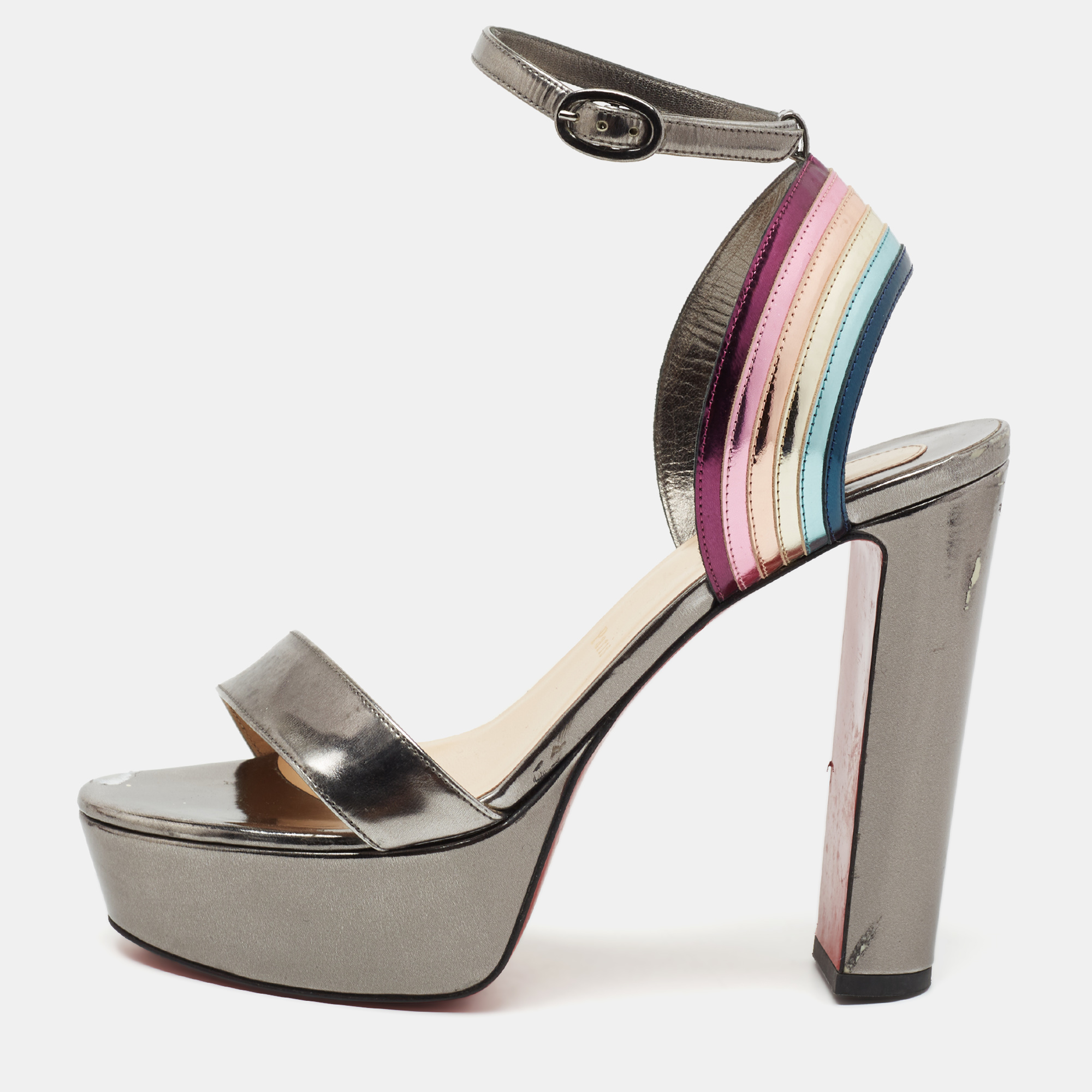 These platform sandals from Christian Louboutin deliver style beautifully They are crafted from metallic leather secured with buckles at the ankles and lifted on 3.5 cm platforms and 13 cm heels.