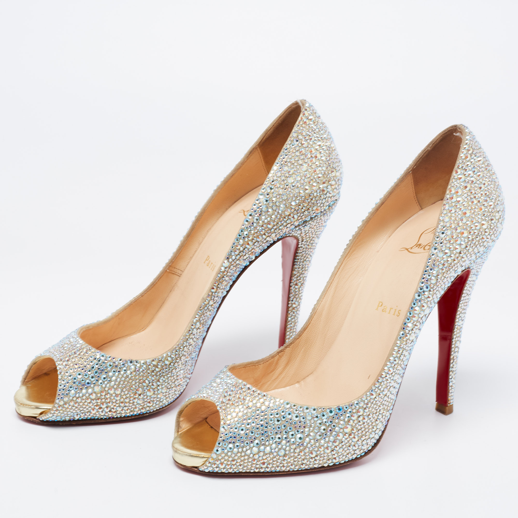 

Christian Louboutin Two Tone Crystal Embellished Leather Very Riche Peep-Toe Pumps Size, Blue