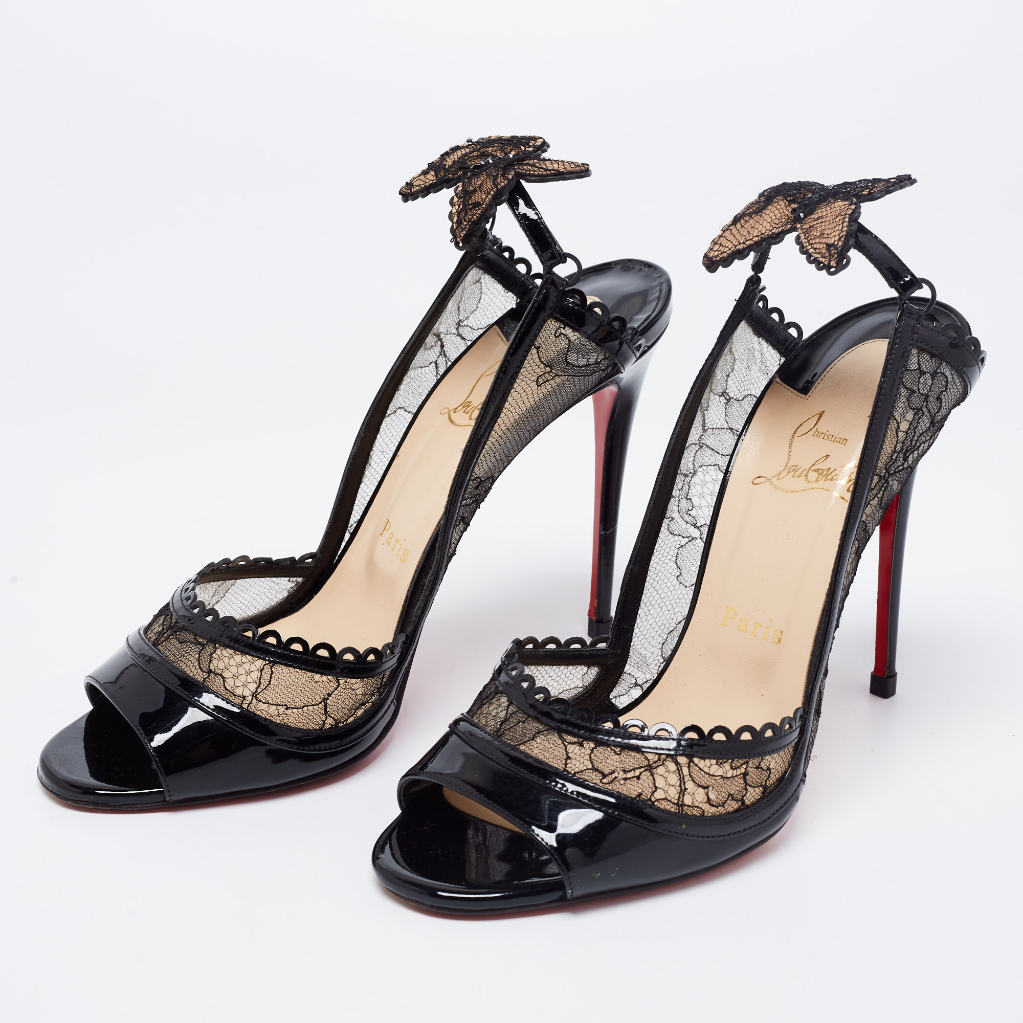 

Christian Louboutin Black Lace and Patent Leather Chantilly Butterfly Open-Toe Pumps Size