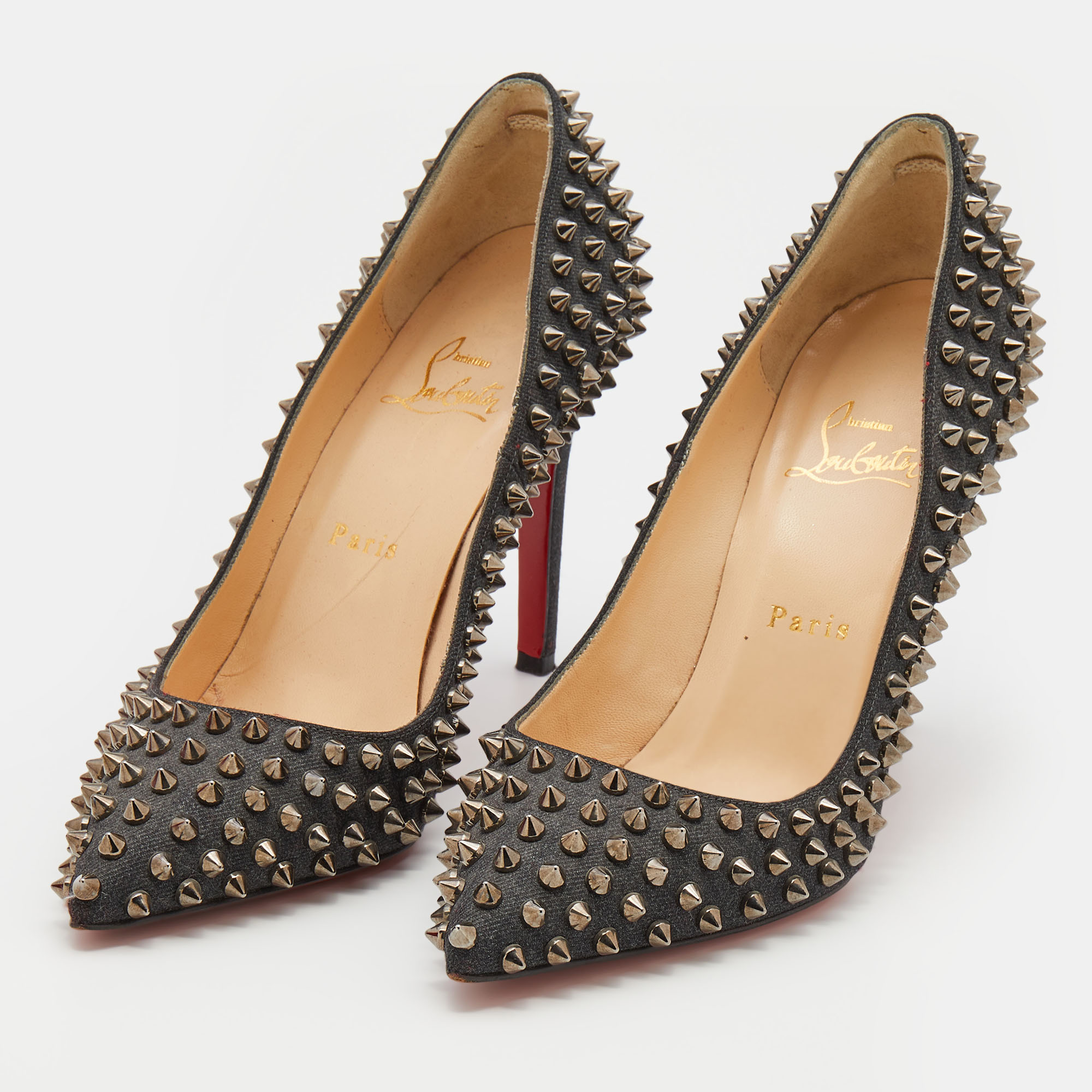 

Christian Louboutin Black Denim Pigalle Follies Spikes Pointed Toe Pumps Size