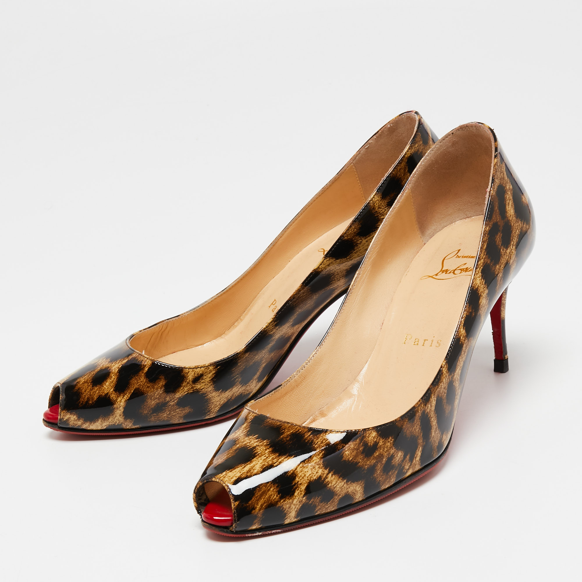 

Christian Louboutin Brown/Black Leopard Print Patent Leather Peep-Toe Pumps Size