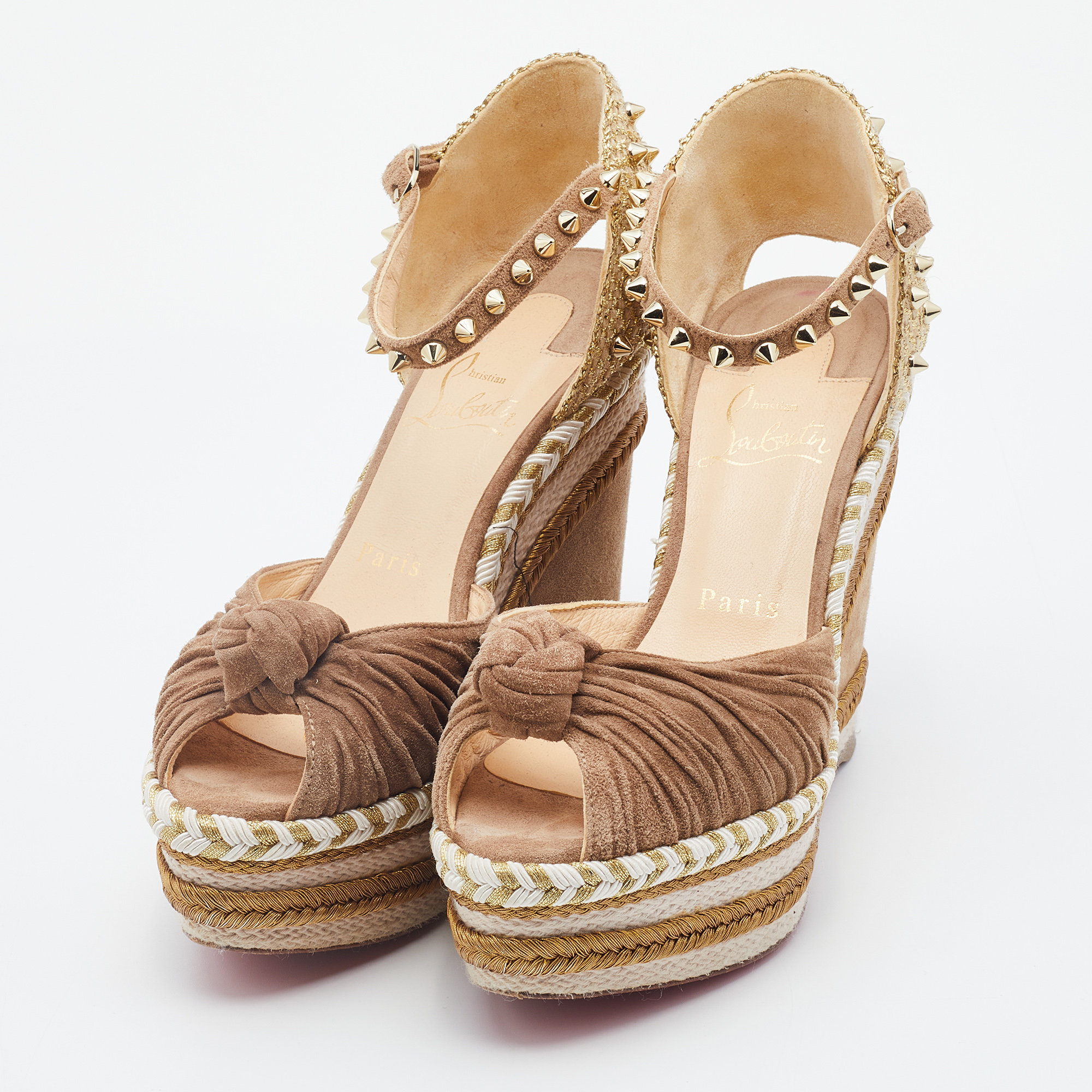 

Christian Louboutin Taupe/Gold Leather Madmonica Madcarina Spiked Platform Wedge Espadrilles Size, Brown