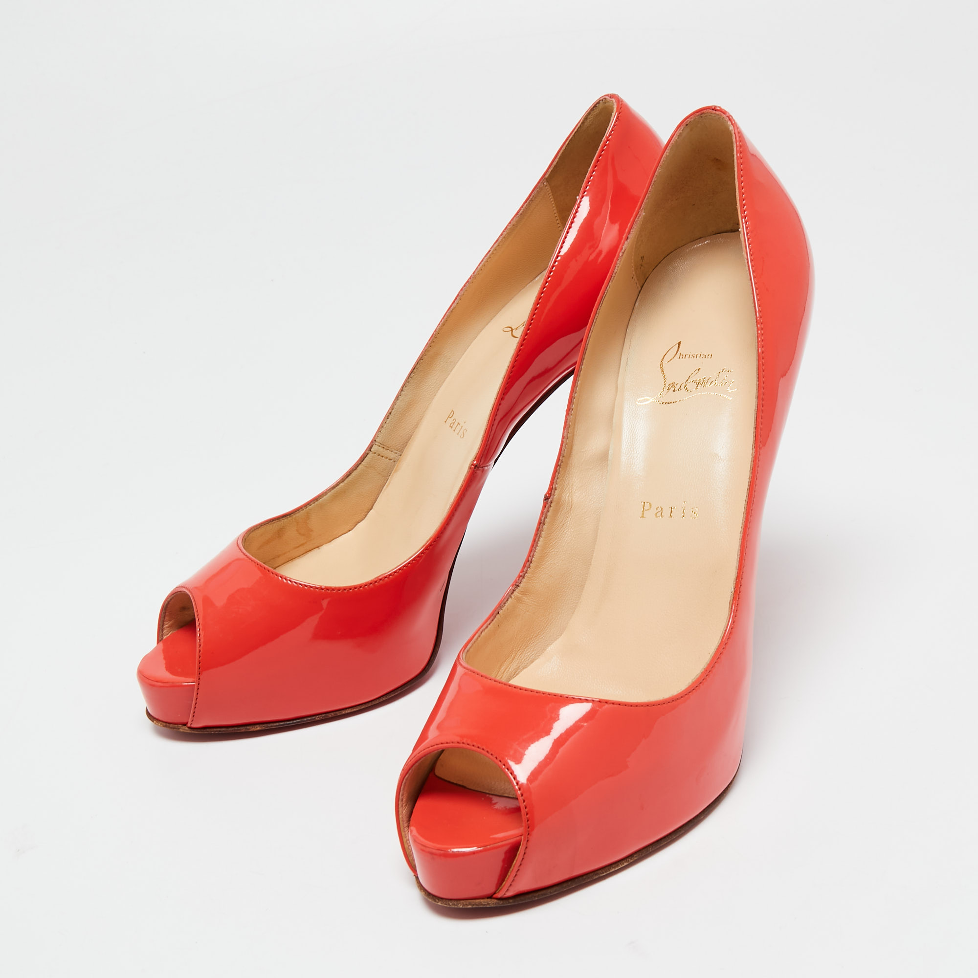 

Christian Louboutin Coral Red Patent Leather Very Prive Peep-Toe Pumps Size