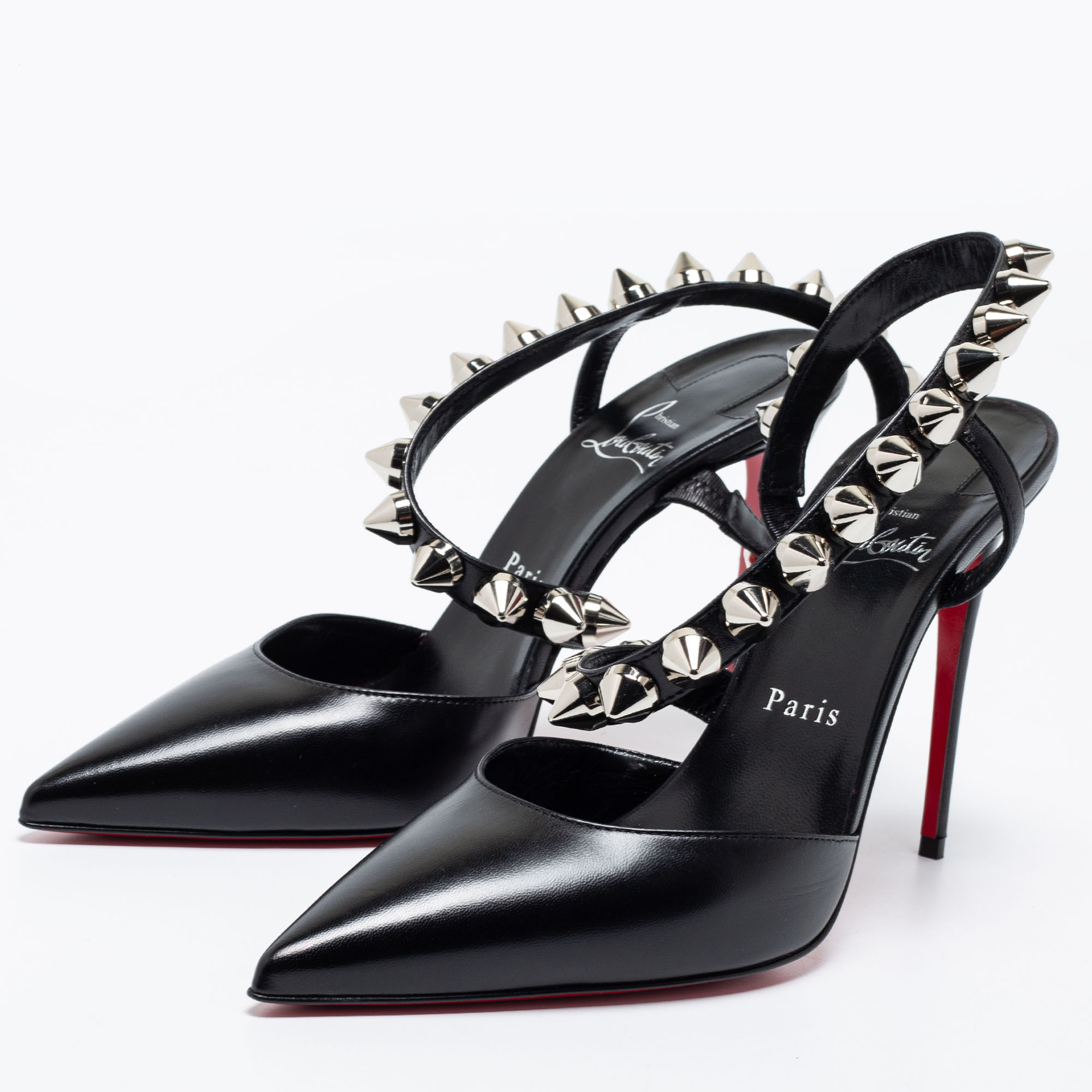 

Christian Louboutin Black Leather Spikita Slingback Pumps Size