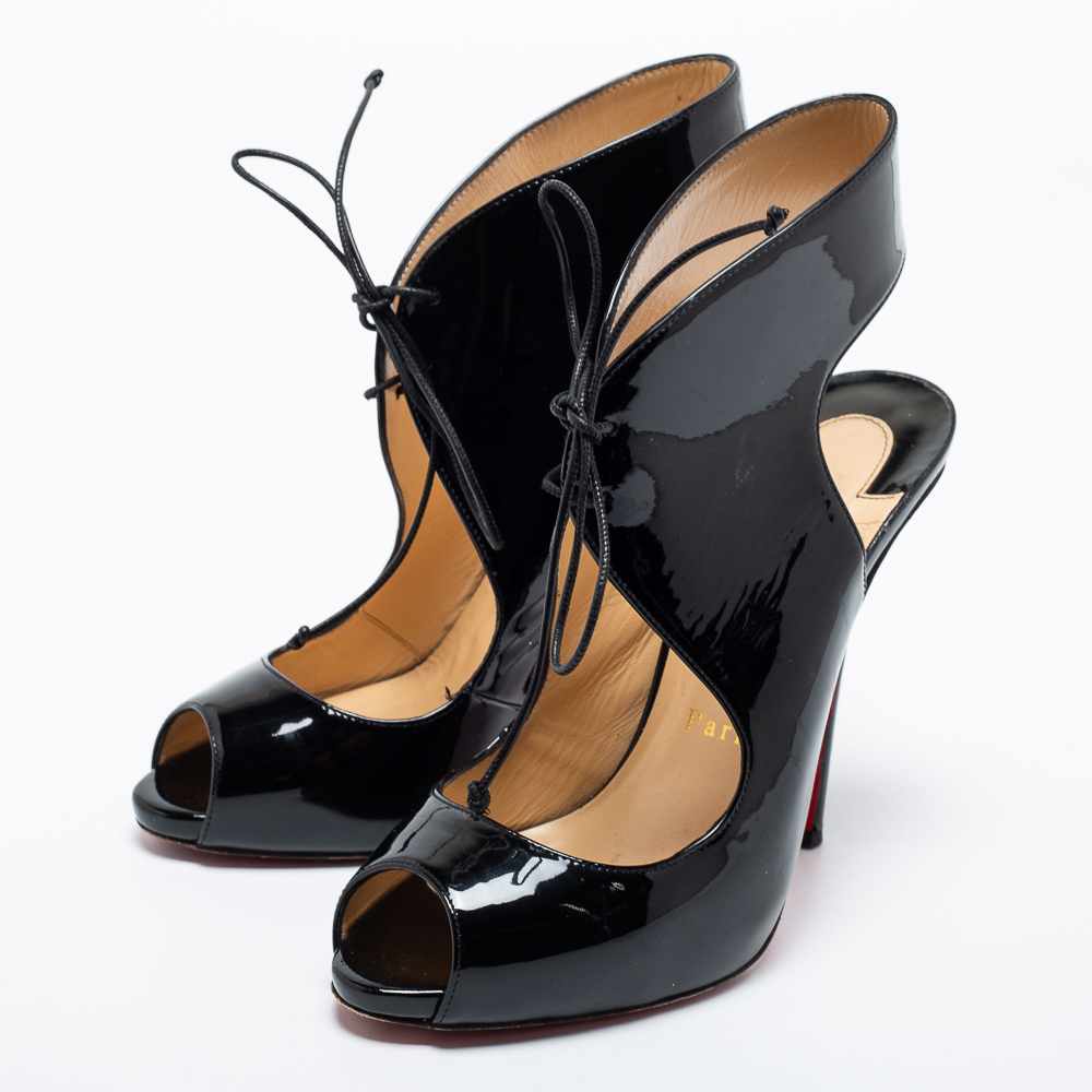 

Christian Louboutin Black Patent Leather Allegra Peep-Toe Sandals Size