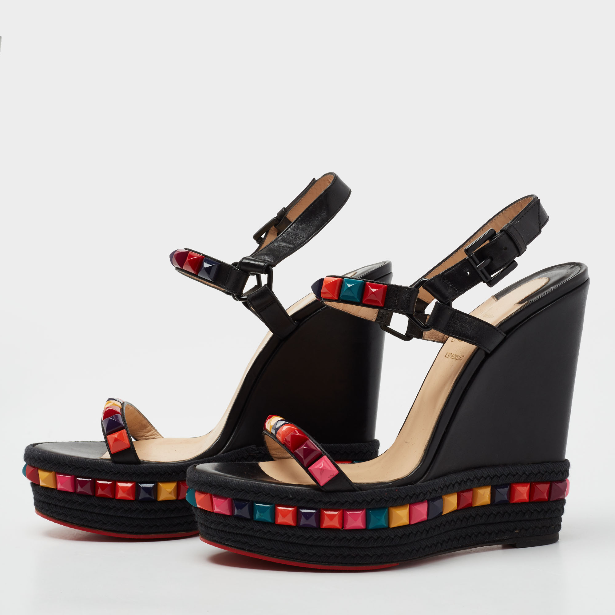 

Christian Louboutin Black Leather Cataclou Ankle Strap Espadrille Wedge Sandals Size