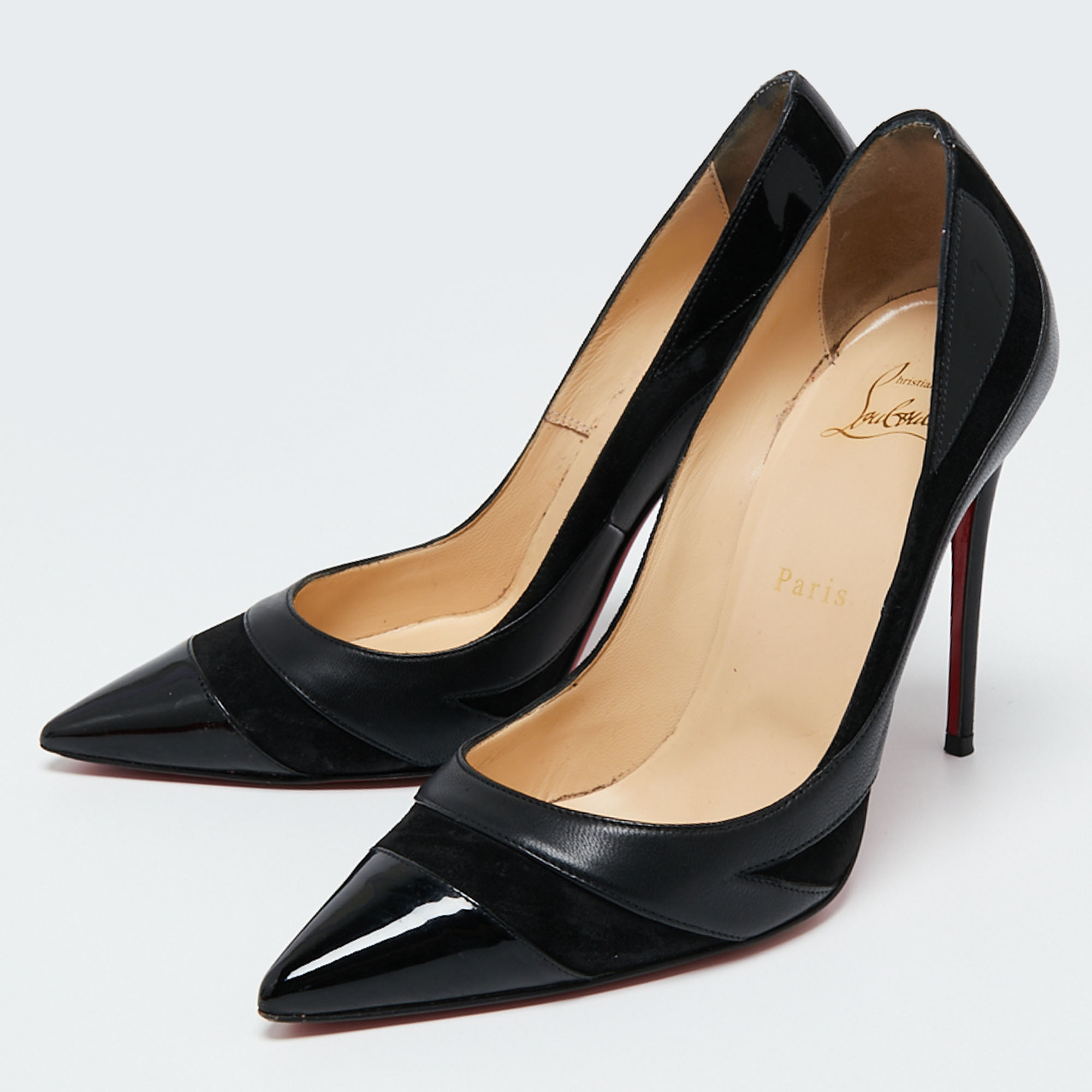 

Christian Louboutin Black Suede, Patent and Leather Pointed-Toe Pumps Size