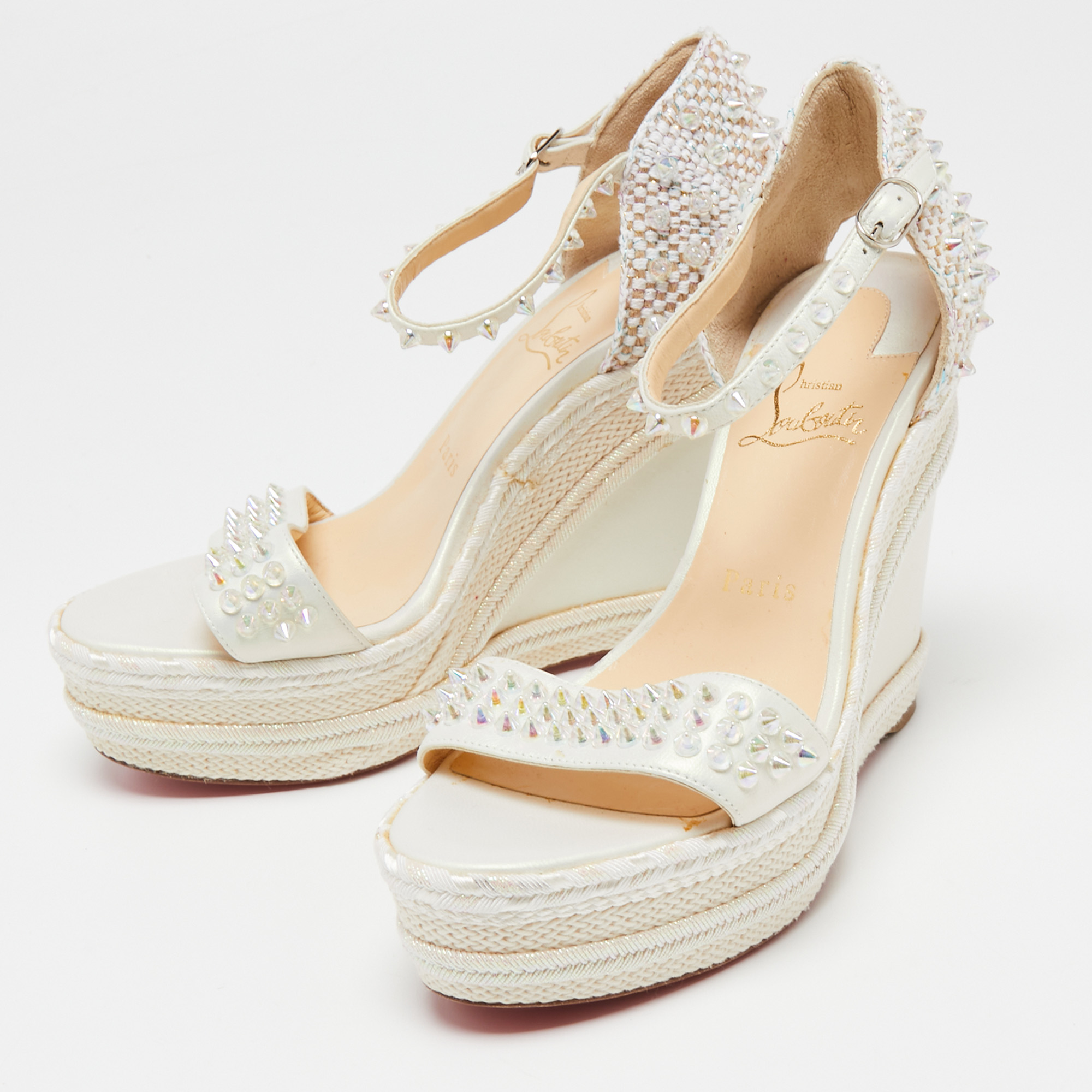 

Christian Louboutin Ivory Leather and Woven Fabric Madmonica Spiked Espadrille Wedge Sandals Size, White