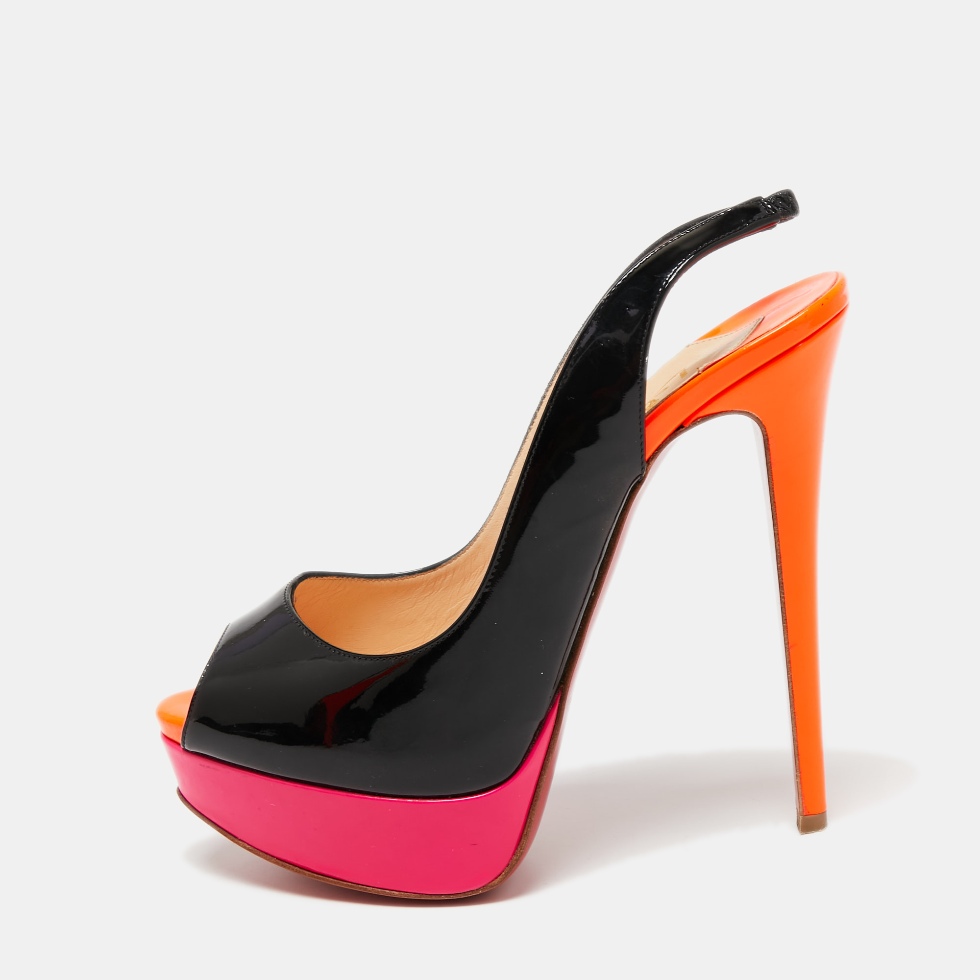 

Christian Louboutin Tri-Color Patent Leather Lady Peep Slingback Sandals Size, Black